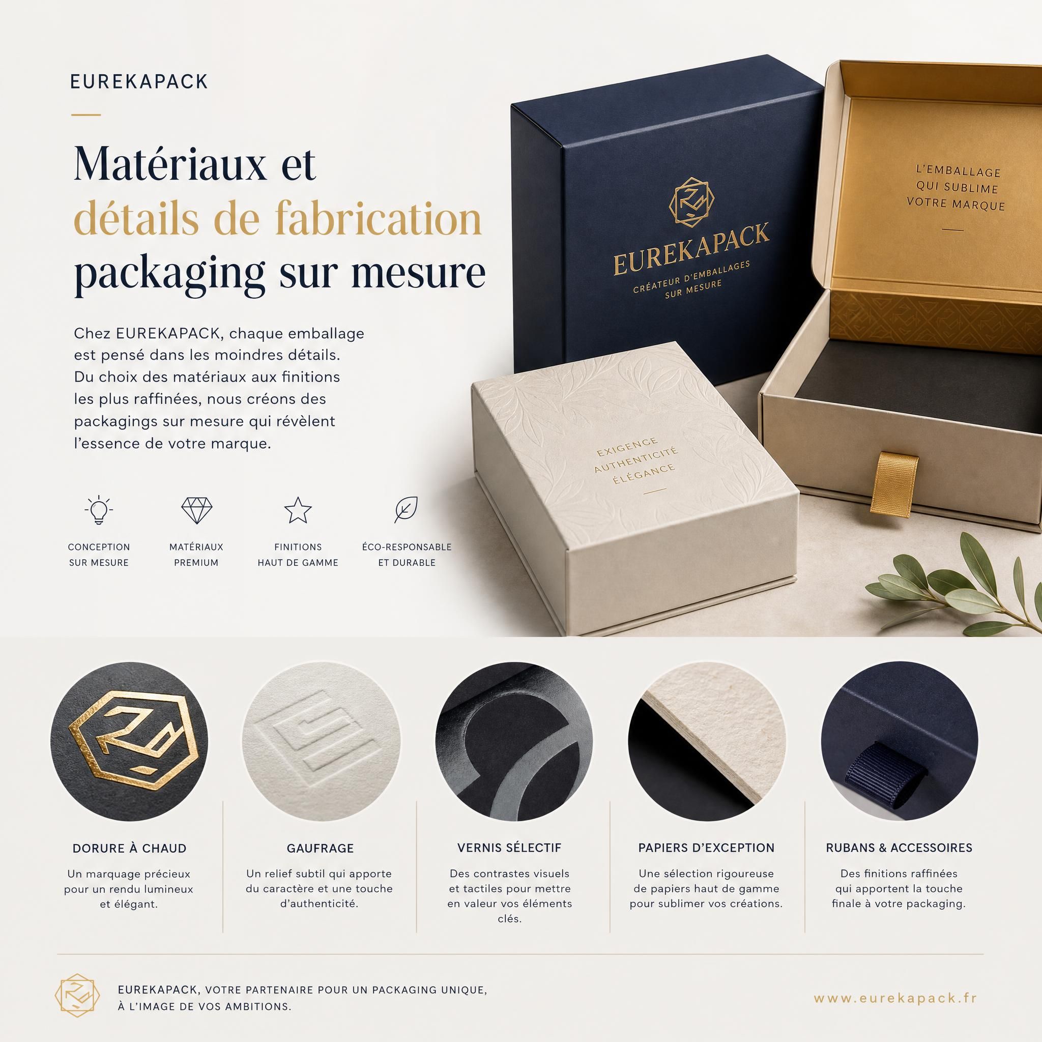 Matériaux et détails de fabrication packaging sur mesure EUREKAPACK — finitions dorure vernis gaufrage emballage personnalisé
