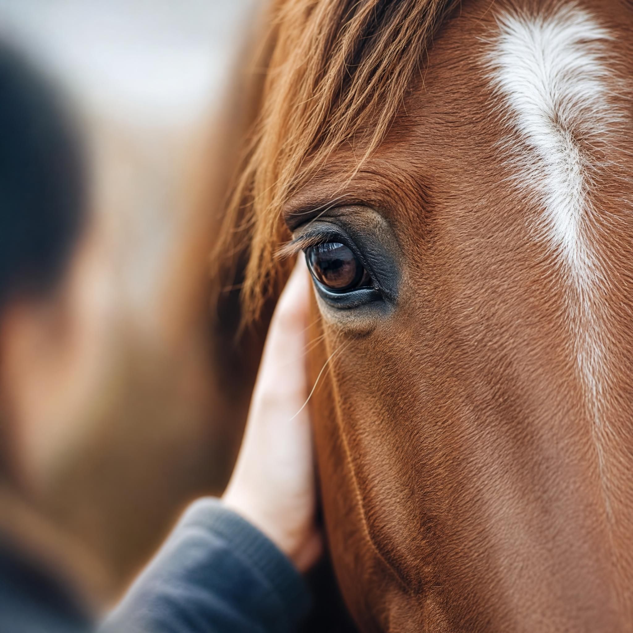 Gros plan sur le regard doux et expressif d'un cheval lors d'une séance d'équithérapie, symbolisant la connexion émotionnelle et la présence bienveillante