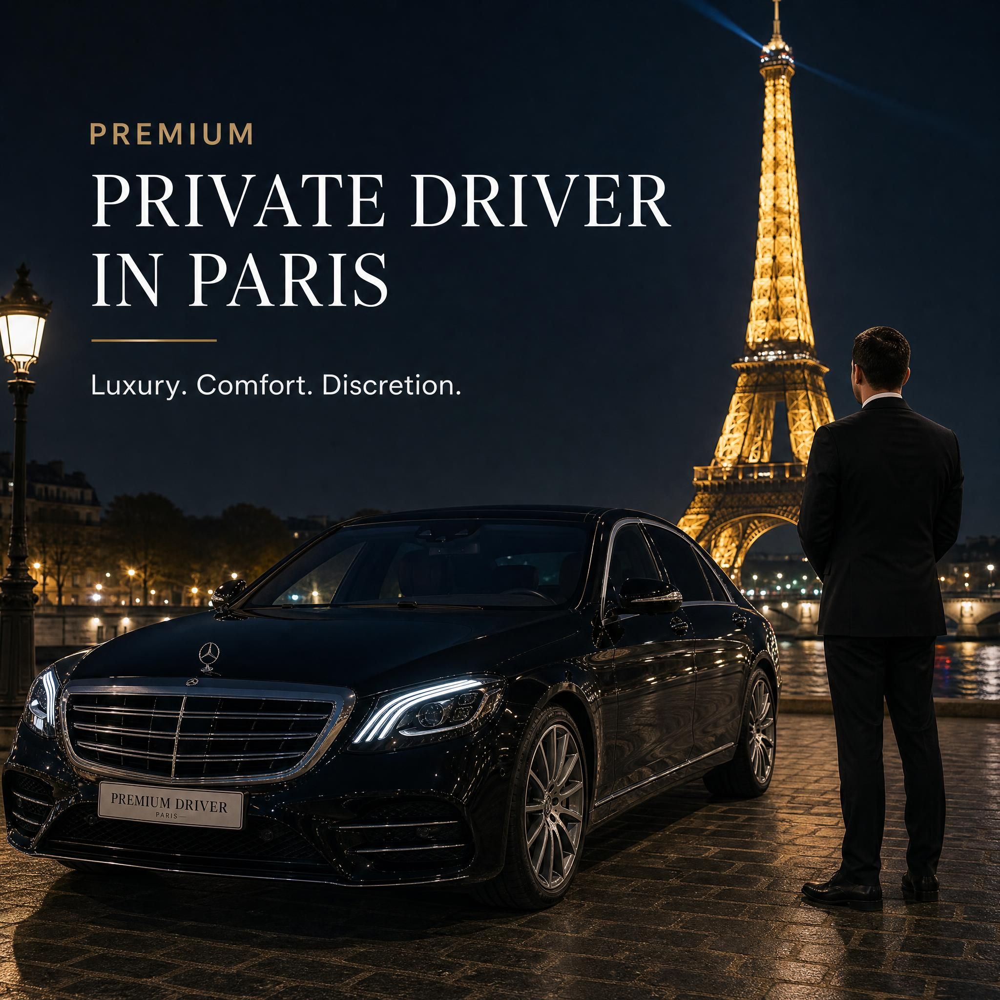 Luxury black Mercedes S-Class chauffeur service in Paris at night with Eiffel Tower in background — premium private driver Paris