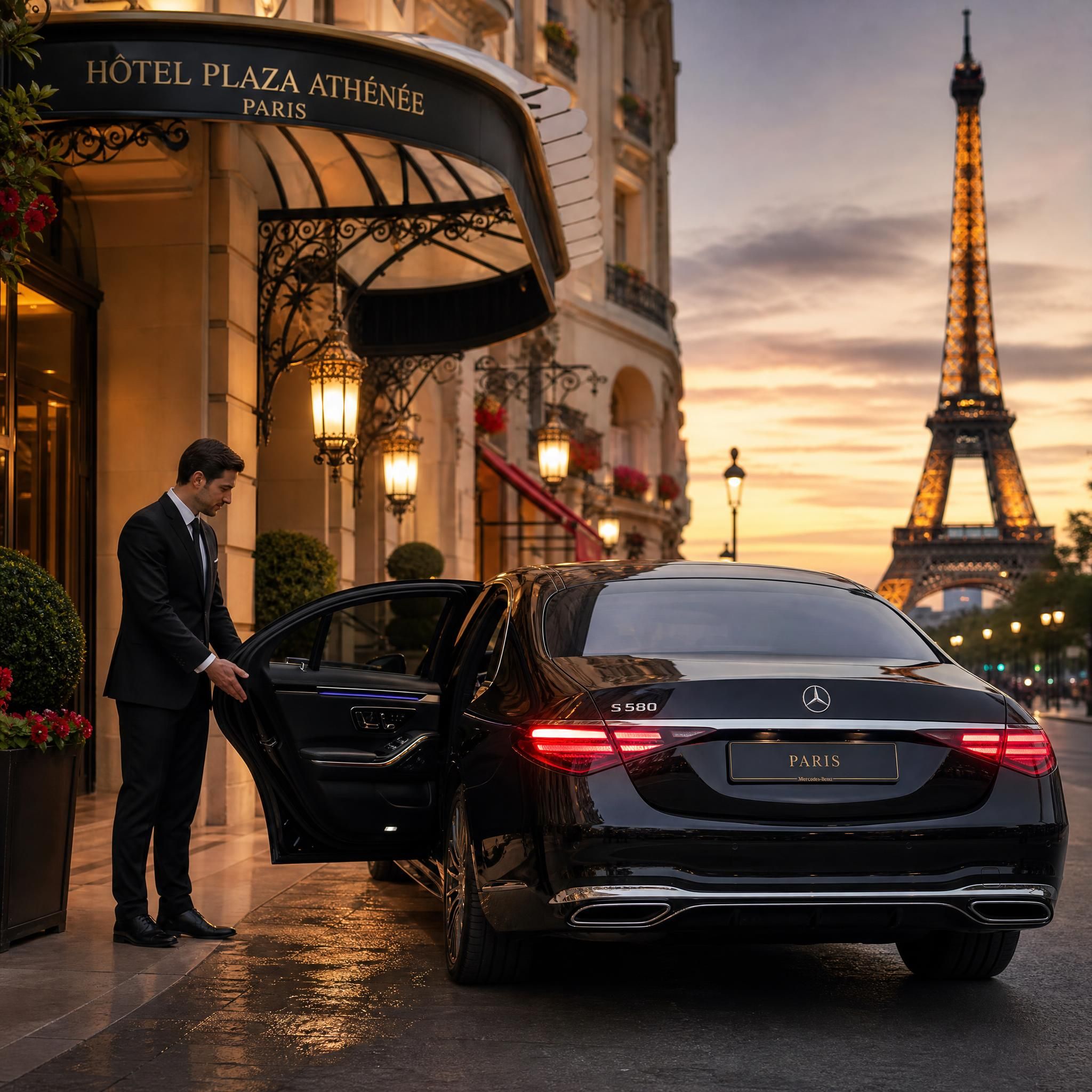 Professional chauffeur in black suit opening the door of a Mercedes S-Class in front of a Paris luxury hotel at dusk, with the Eiffel Tower visible in the background