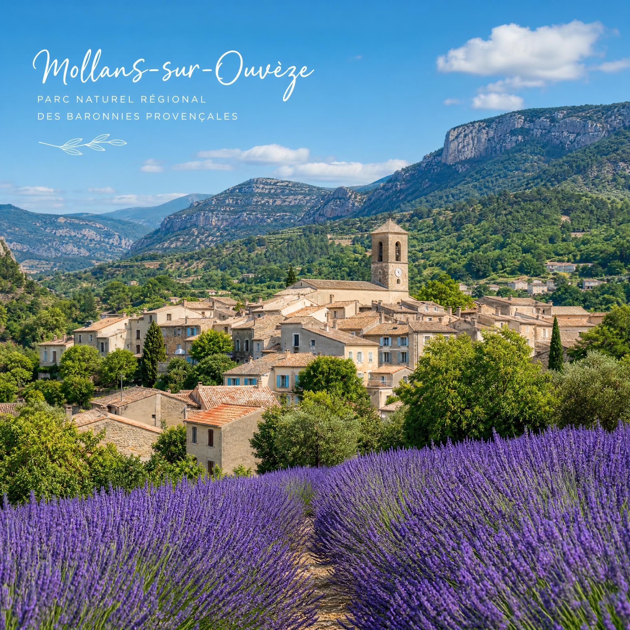 Paysage de Mollans-sur-Ouvèze au cœur du Parc naturel régional des Baronnies provençales, village provençal entouré de collines et de lavande