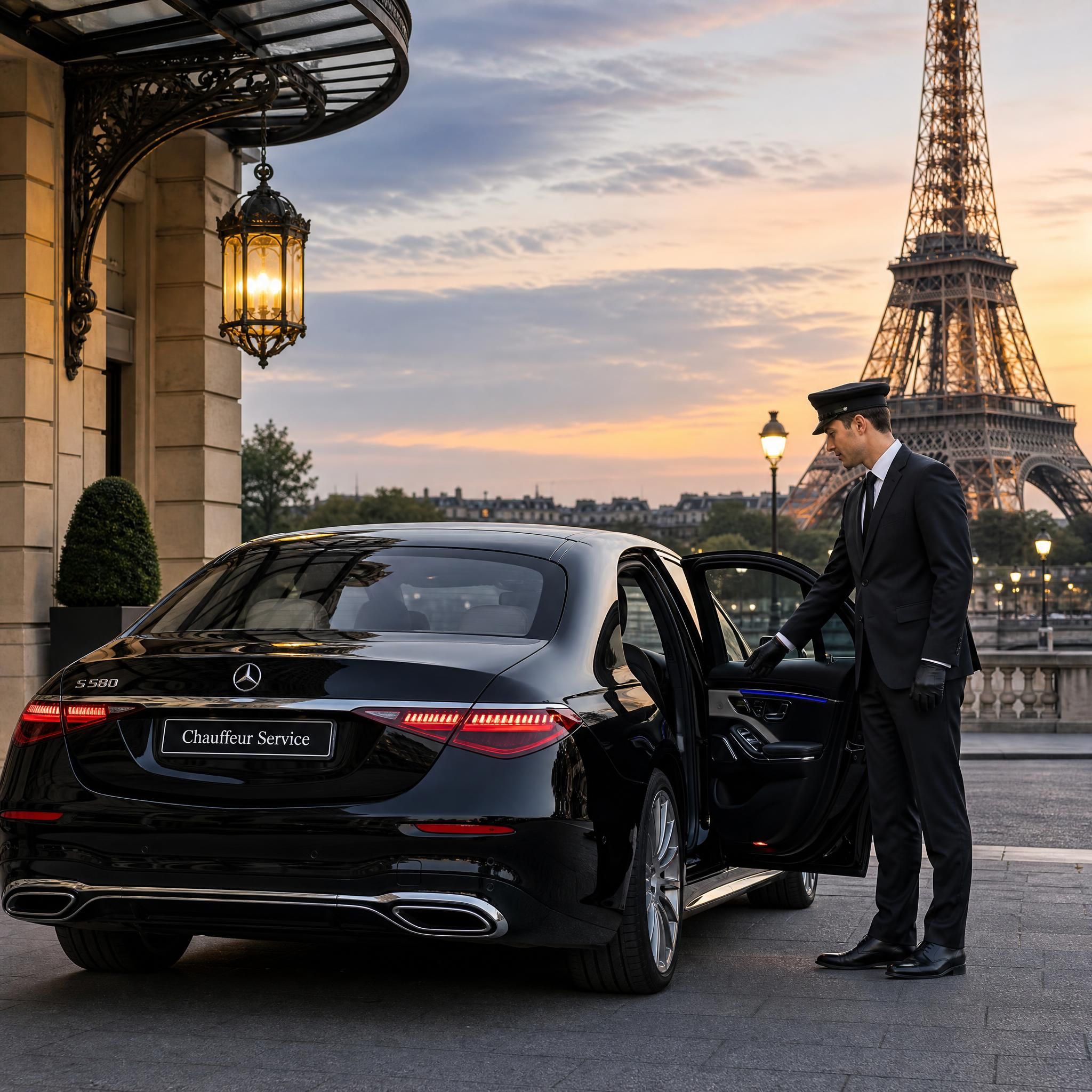 Professional chauffeur in formal attire opening the door of a black Mercedes S-Class in front of a Parisian landmark, with the Eiffel Tower visible in the background at dusk