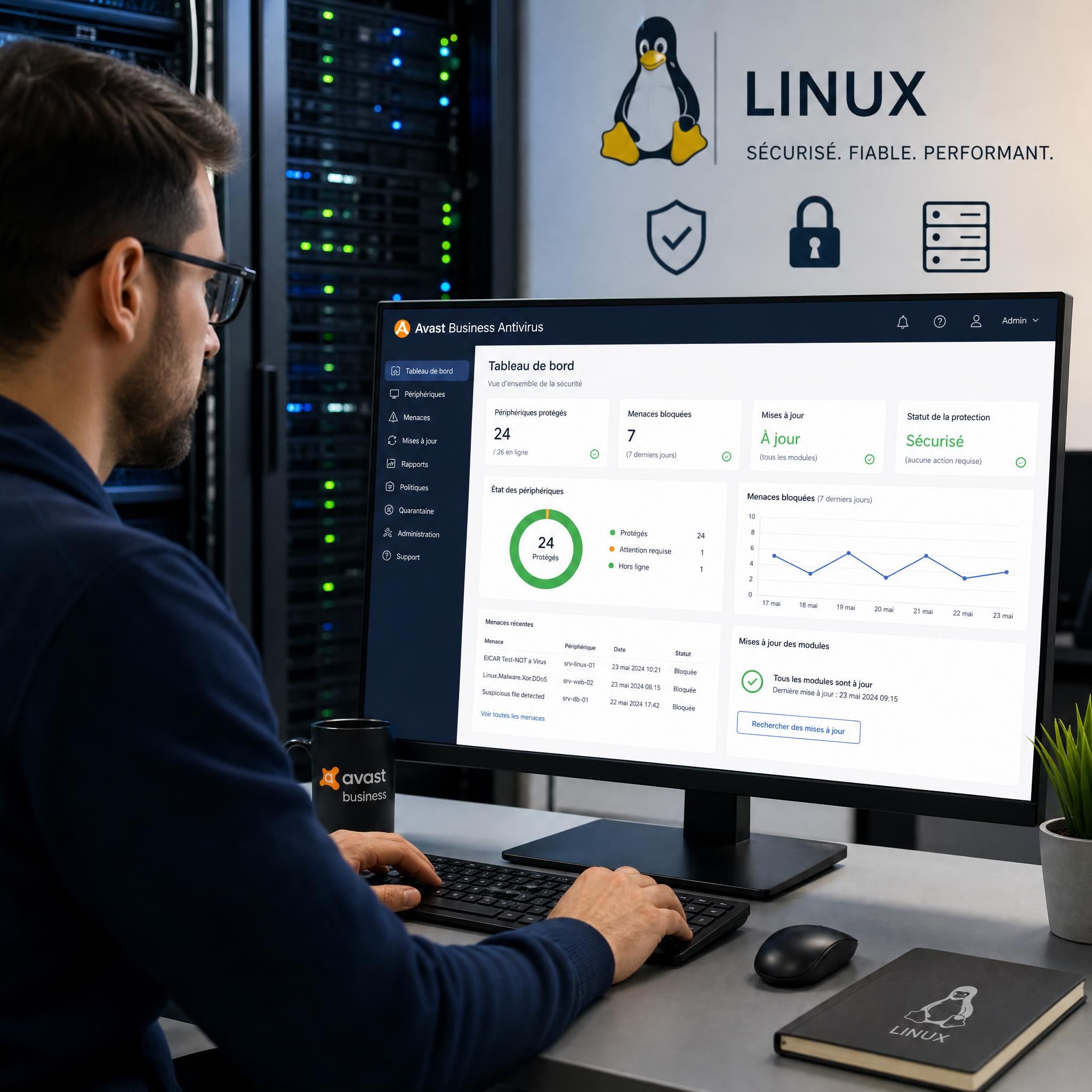 Administrateur système sécurisant un serveur Linux avec Avast Business Antivirus, interface de gestion centralisée affichée sur écran