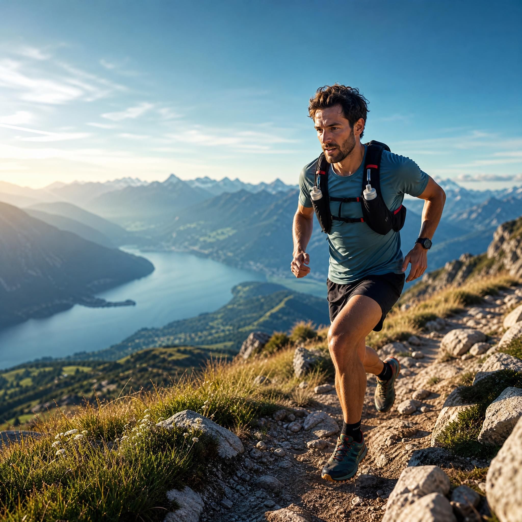 Coureur de trail en montagne avec vue panoramique, équipé d'un sac d'hydratation, illustrant la performance et l'effort en pleine nature