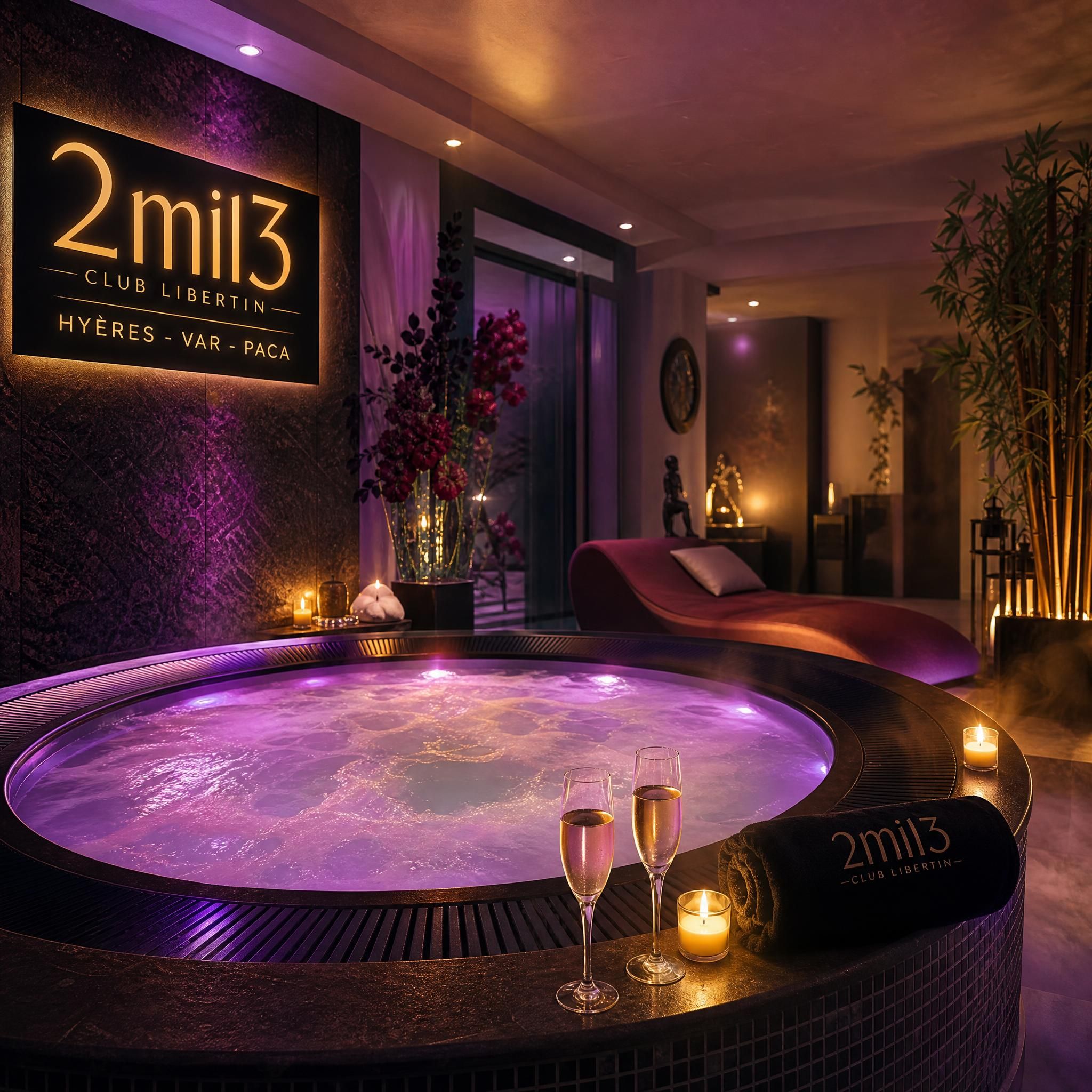 Ambiance feutrée et lumières tamisées de l'espace balnéo du club libertin 2mil3 à Hyères, Var, PACA — jacuzzi, vapeurs douces et décor raffiné
