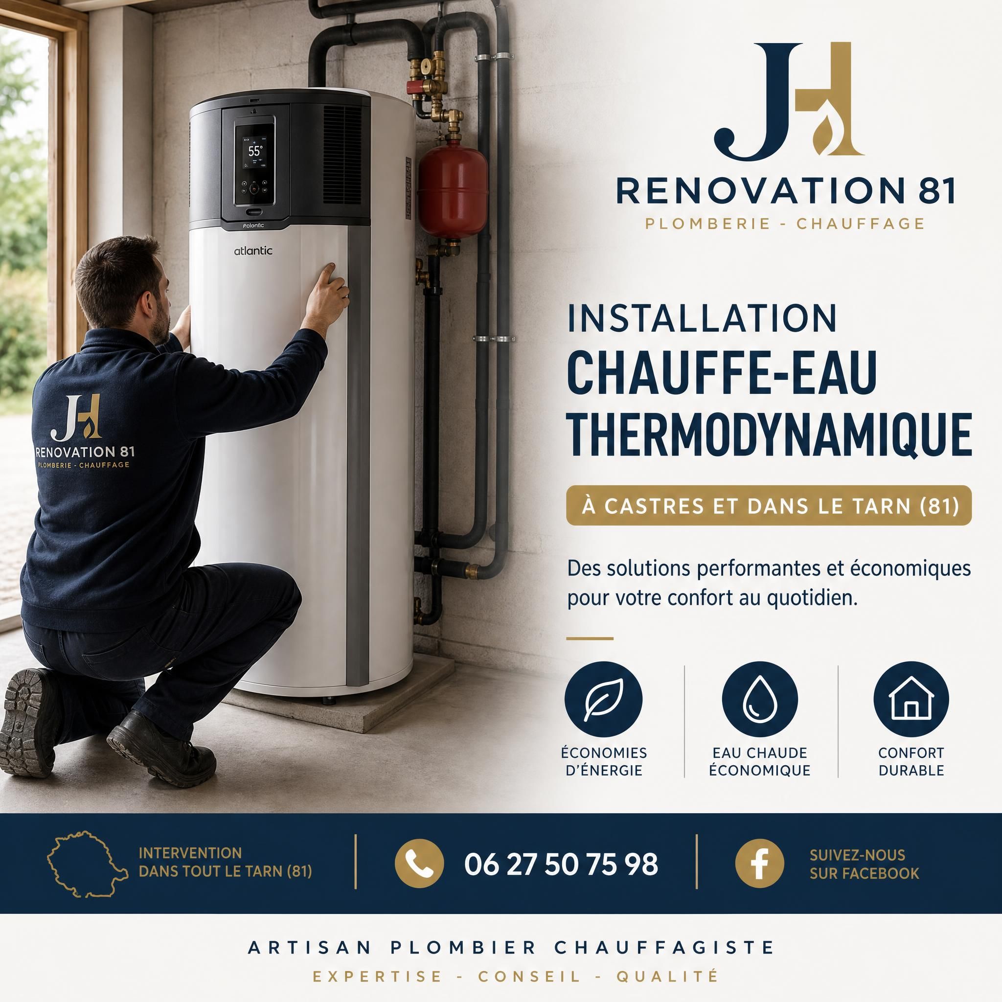 Artisan plombier chauffagiste JH Renovation 81 installation chauffe-eau thermodynamique Castres Tarn 81