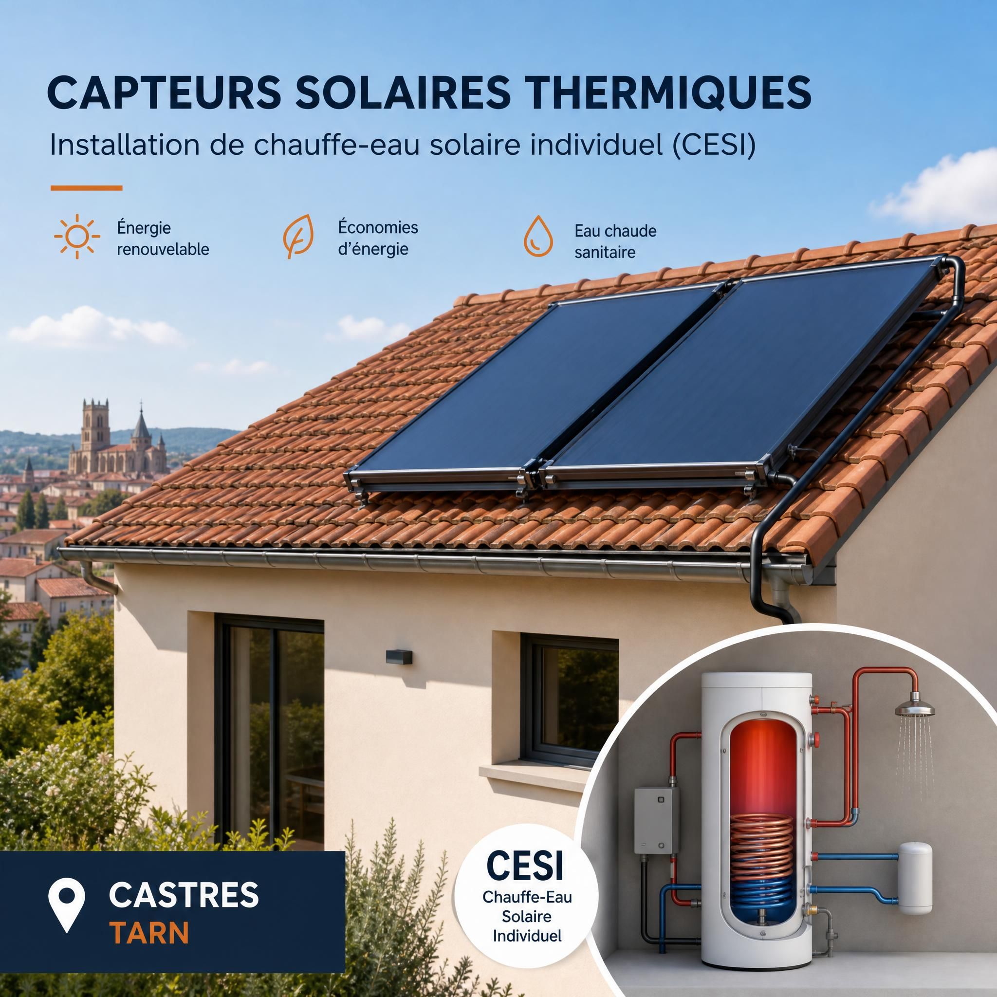 Capteurs solaires thermiques sur toiture maison installation chauffe-eau solaire individuel CESI Castres Tarn