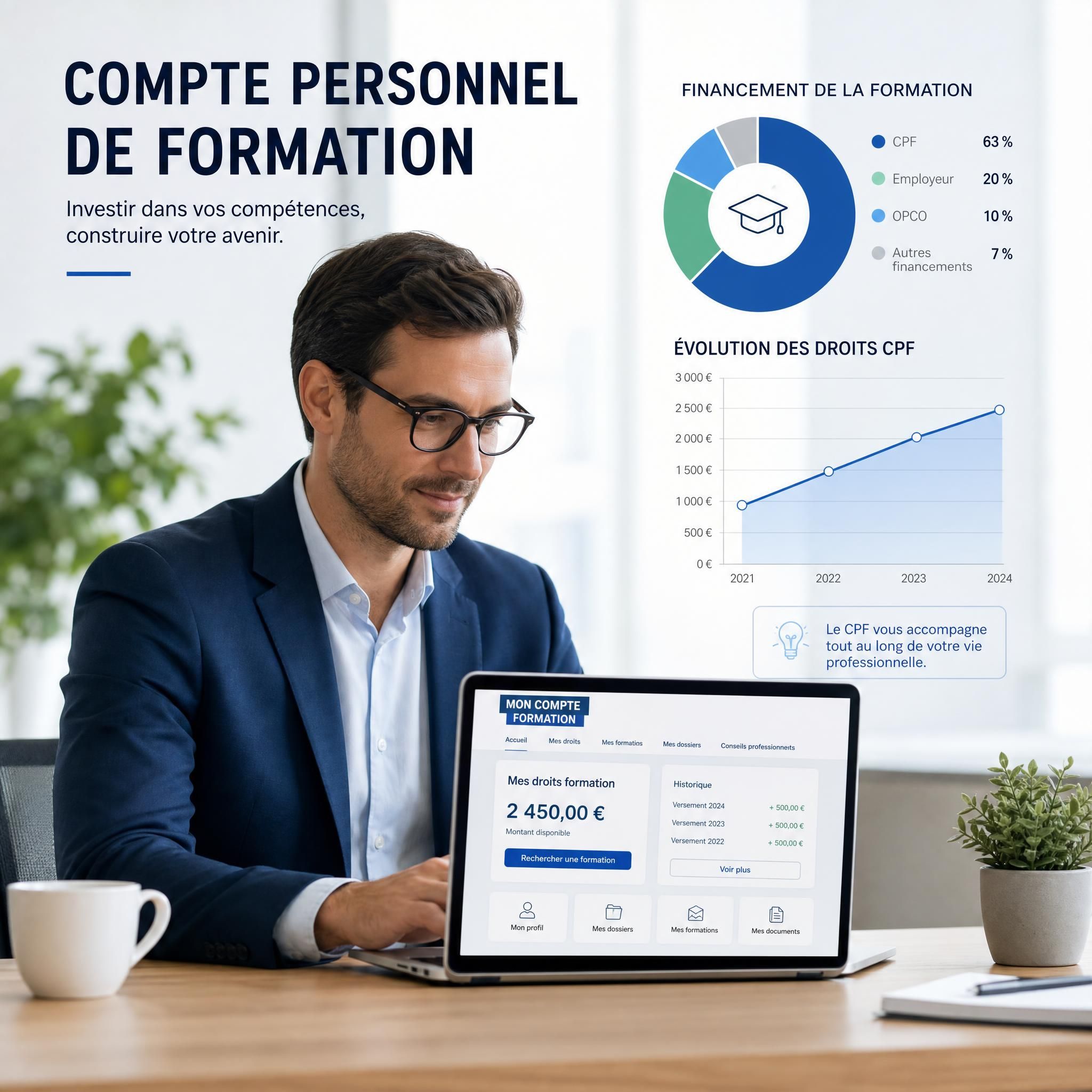 Professionnel consultant son Compte Personnel de Formation sur un ordinateur portable avec des graphiques de financement de formation en arrière-plan