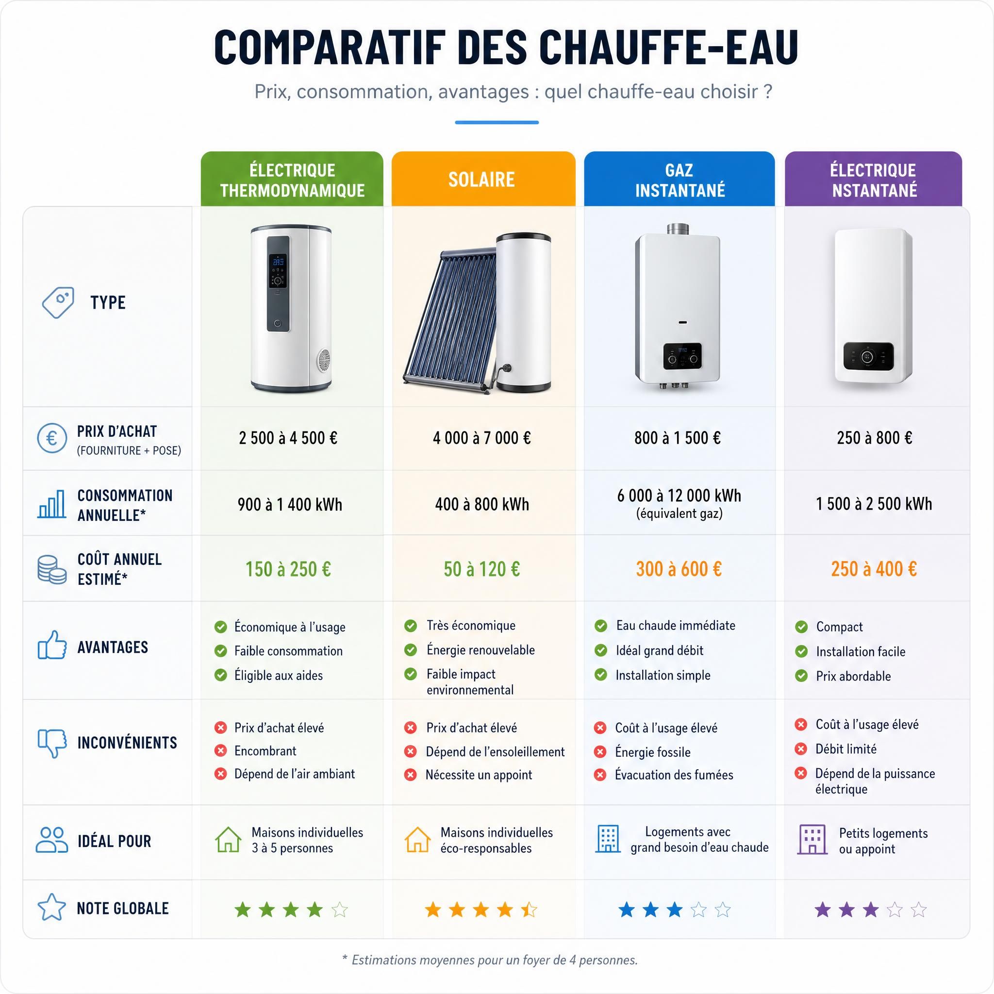 Tableau comparatif chauffe-eau électrique thermodynamique solaire gaz instantané comparaison prix consommation