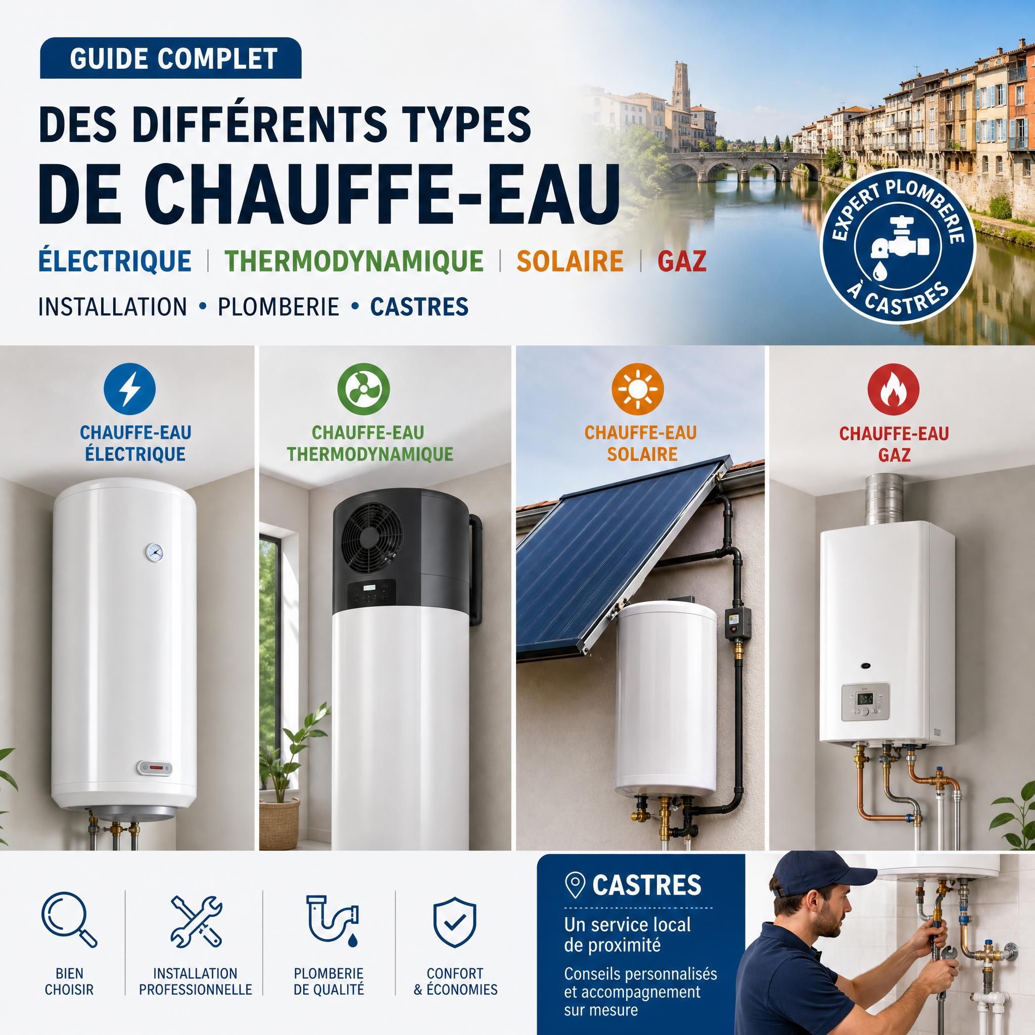 Guide complet des différents types de chauffe-eau électrique thermodynamique solaire gaz installation plomberie Castres