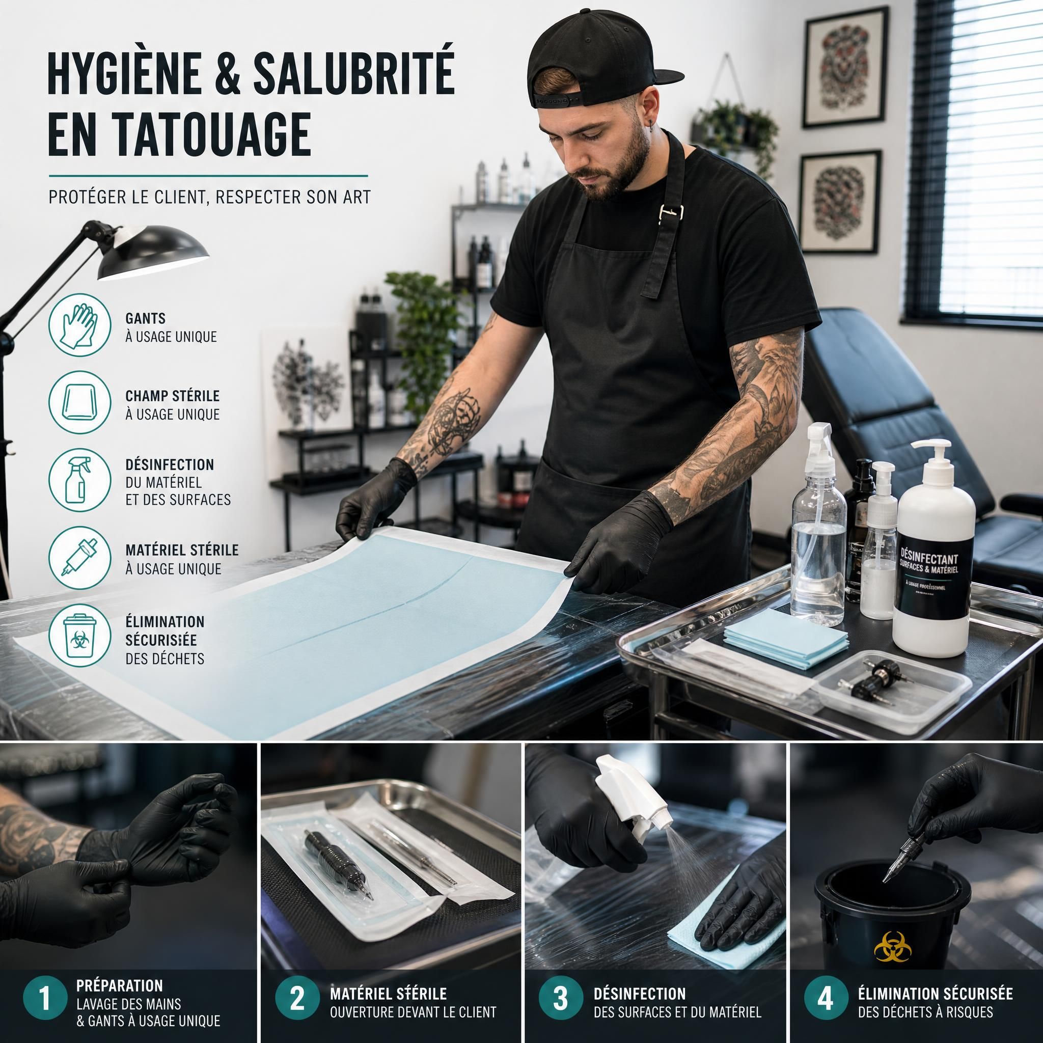 Professionnel du tatouage en train de préparer son poste de travail avec matériel stérile, gants, champ stérile et produits désinfectants — hygiène et salubrité tatouage