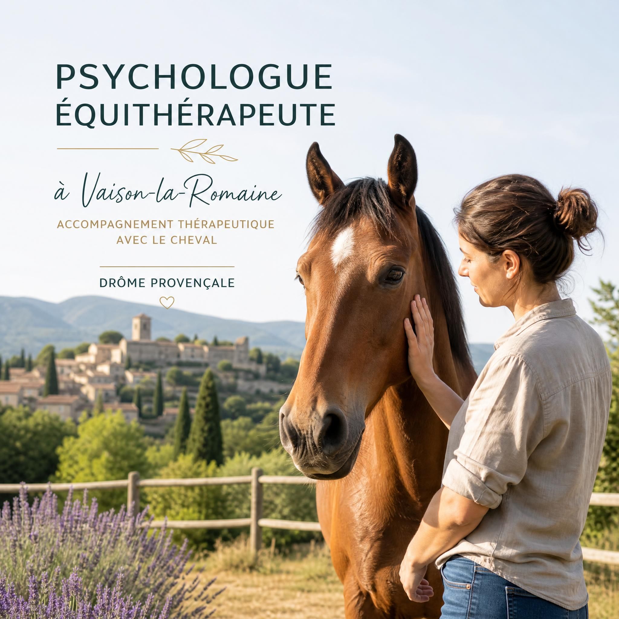 Psychologue équithérapeute avec cheval à Vaison-la-Romaine, séance en plein air Drôme provençale