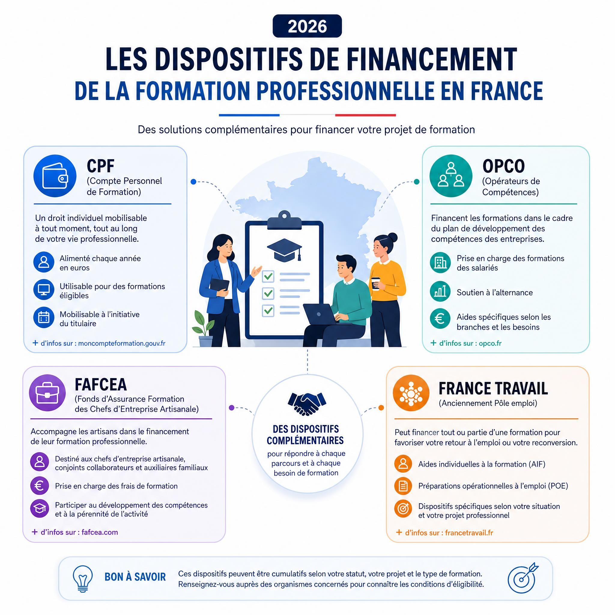 Infographie illustrant les différents dispositifs de financement de la formation professionnelle en France en 2026 : CPF, OPCO, FAFCEA, France Travail