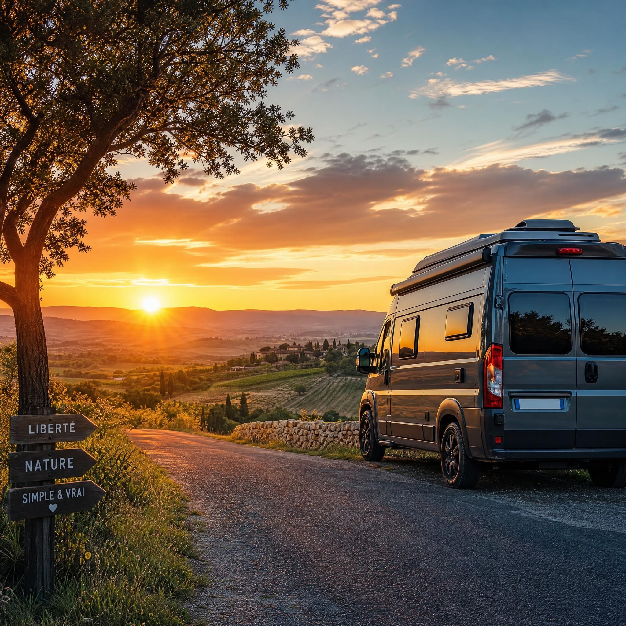 Van aménagé garé face à un coucher de soleil sur une route de campagne française, vue panoramique inspirante