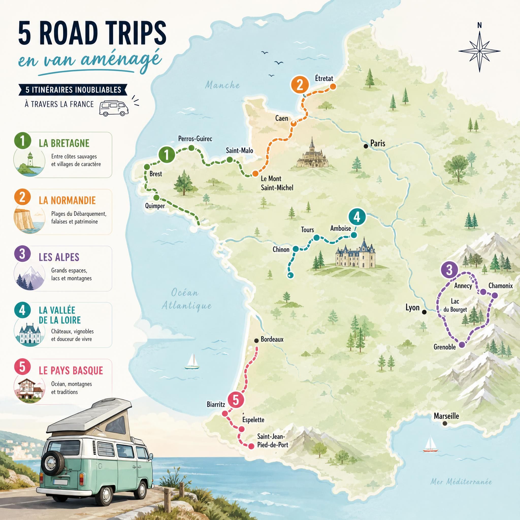 Carte illustrée de France avec 5 itinéraires de road trip en van aménagé mis en valeur par des icônes colorées