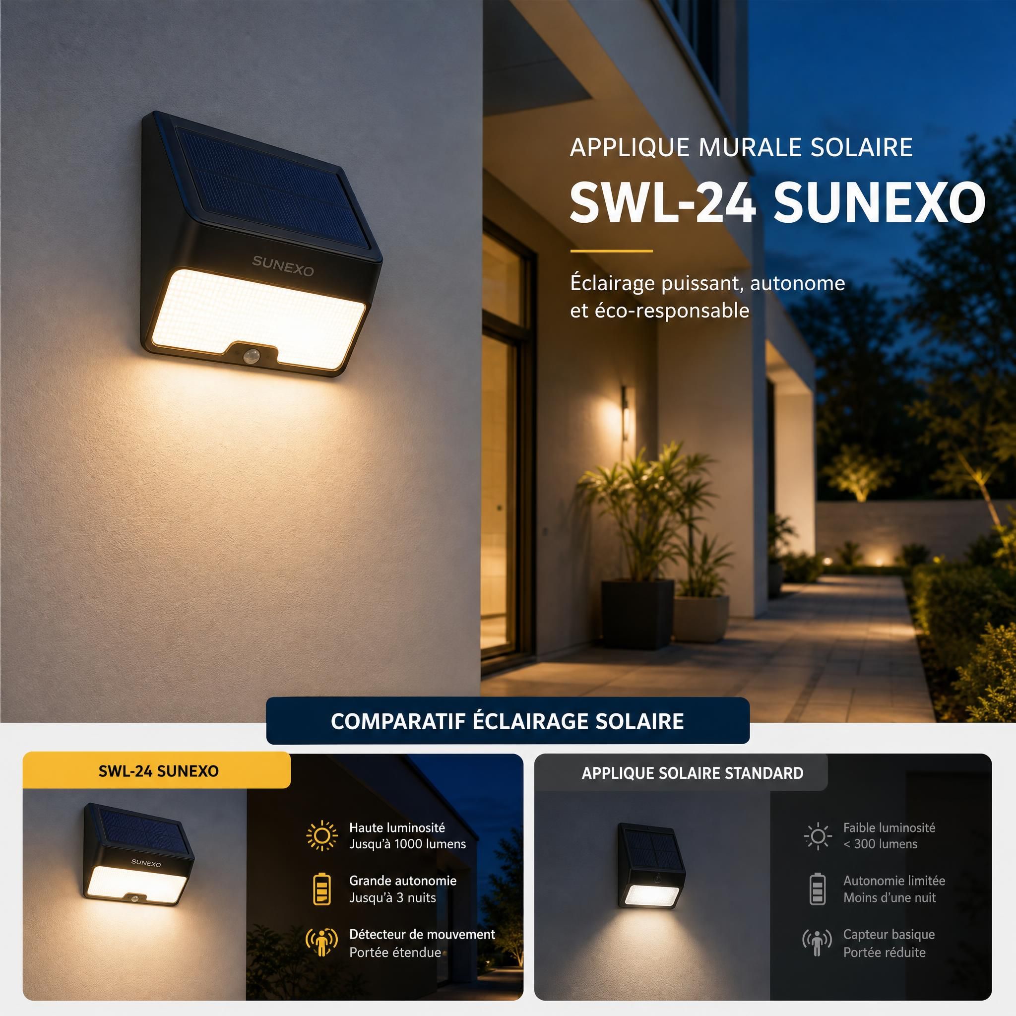 Applique murale solaire LED SWL-24 Sunexo installée sur façade extérieure de maison – comparatif éclairage solaire
