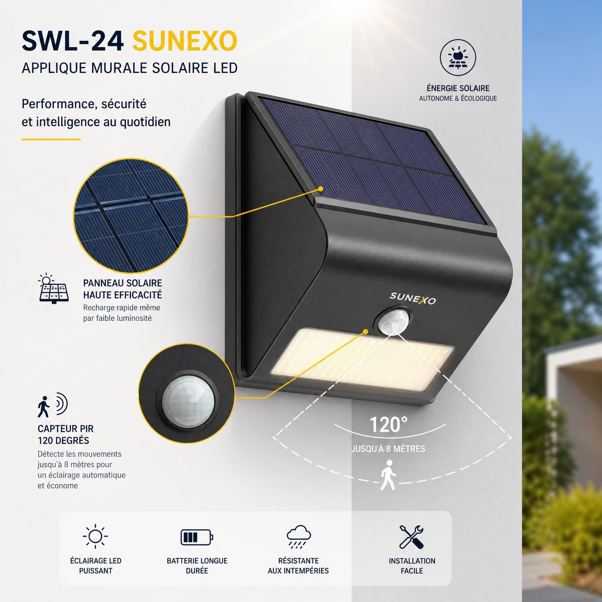 Applique murale solaire LED SWL-24 Sunexo – vue détaillée panneau solaire et capteur PIR 120 degrés