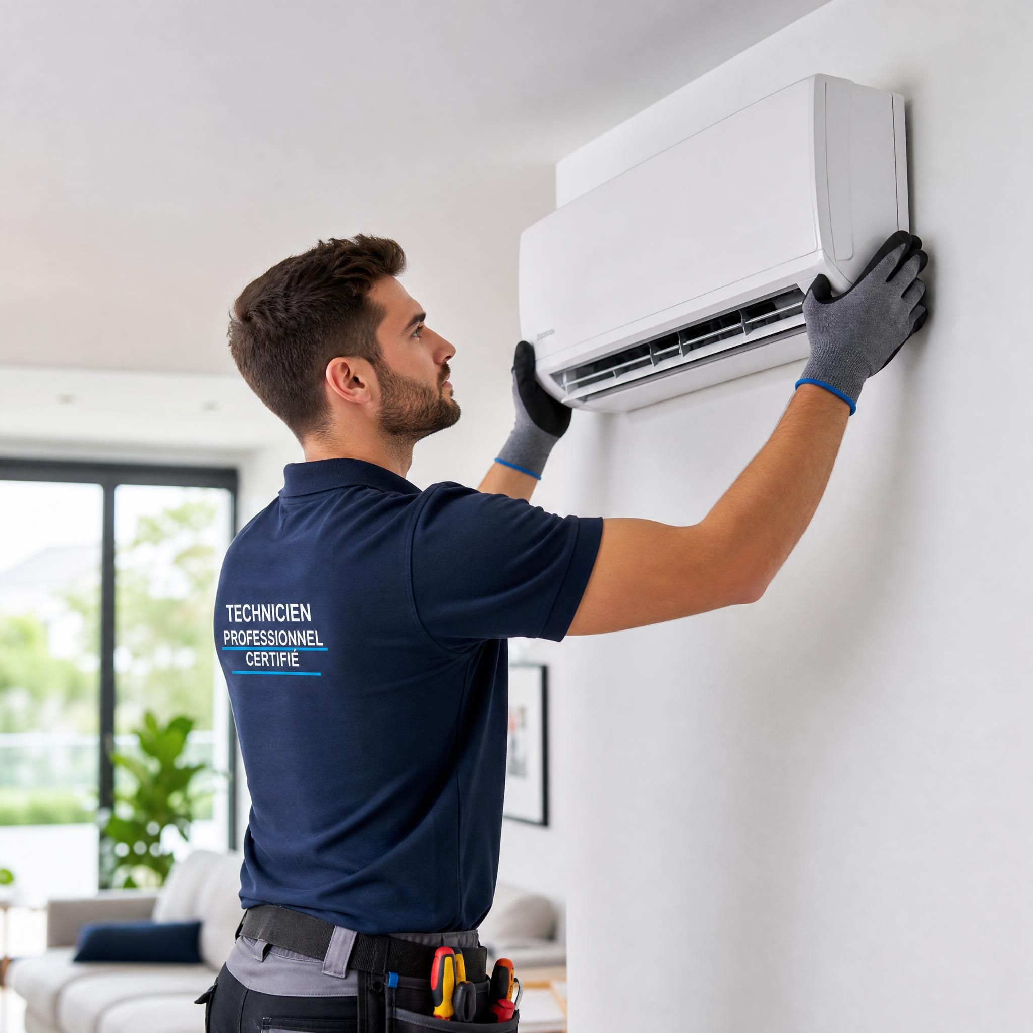 Technicien professionnel certifié en train d'installer une unité de climatisation split sur un mur intérieur d'un logement moderne