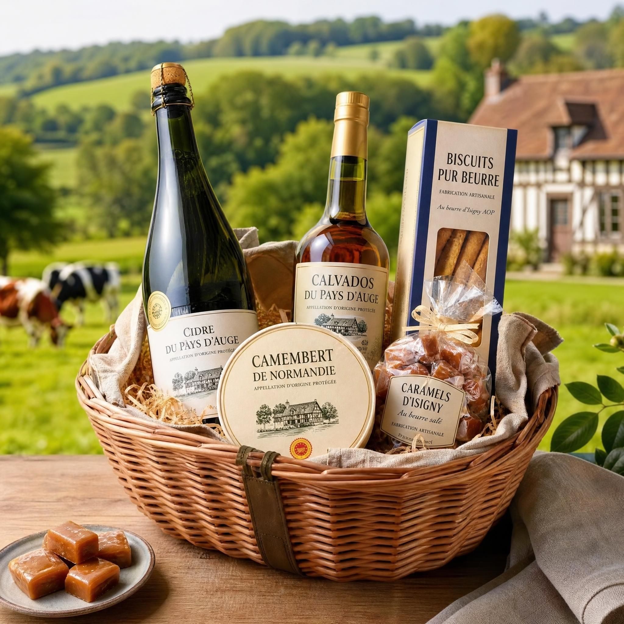 Panier garni normand artisanal rempli de produits du terroir — camembert AOP, calvados, cidre du Pays d'Auge, caramels d'Isigny et biscuits pur beurre, posé sur une table en bois avec un fond de bocage normand