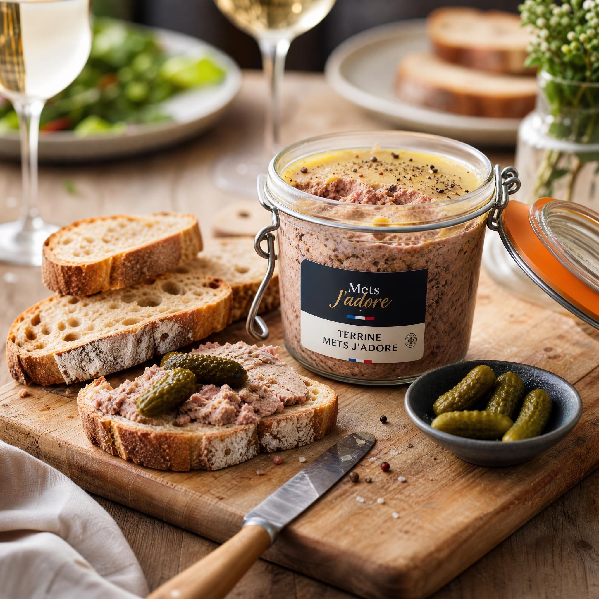 Terrine Mets J'adore ouverte sur une planche en bois avec du pain artisanal et des cornichons, ambiance repas convivial