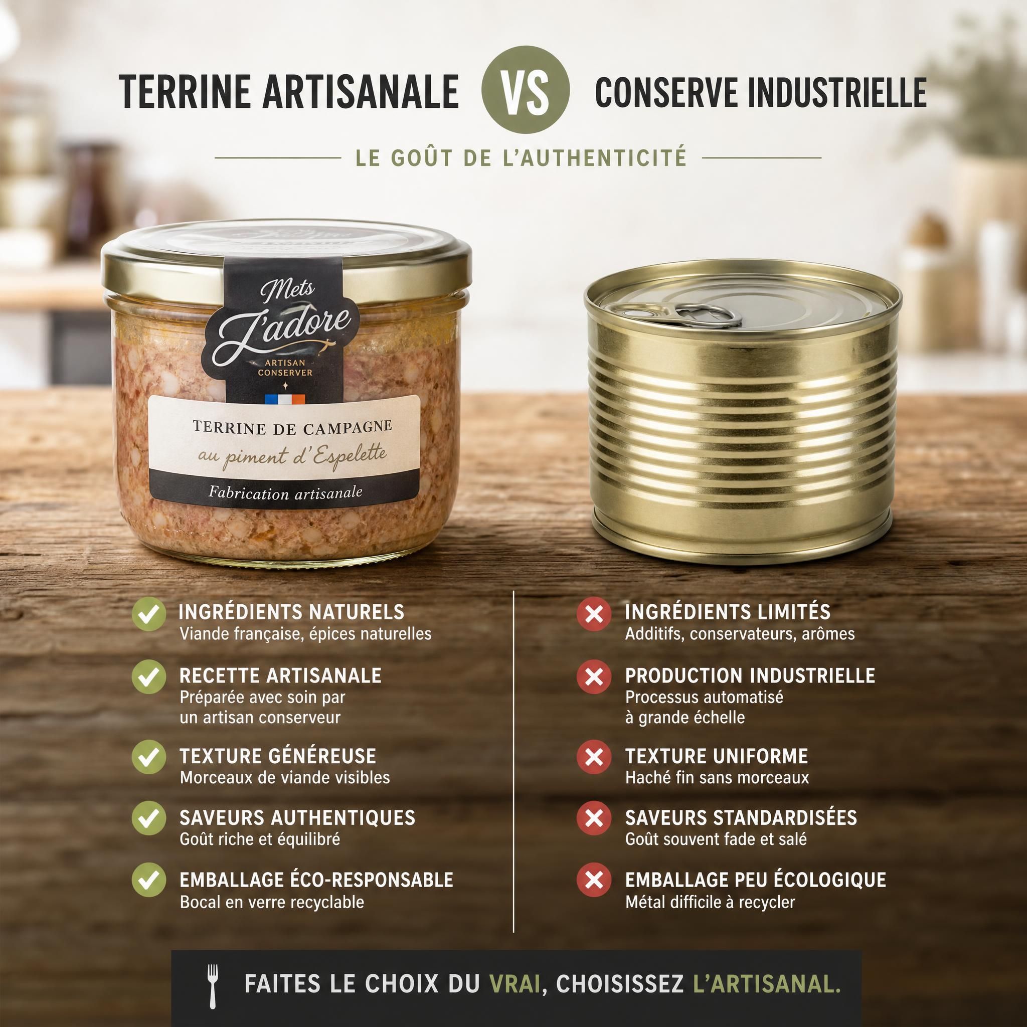 Comparaison visuelle entre une terrine artisanale Mets J'adore en bocal en verre et une boîte de conserve industrielle, sur fond de table en bois rustique