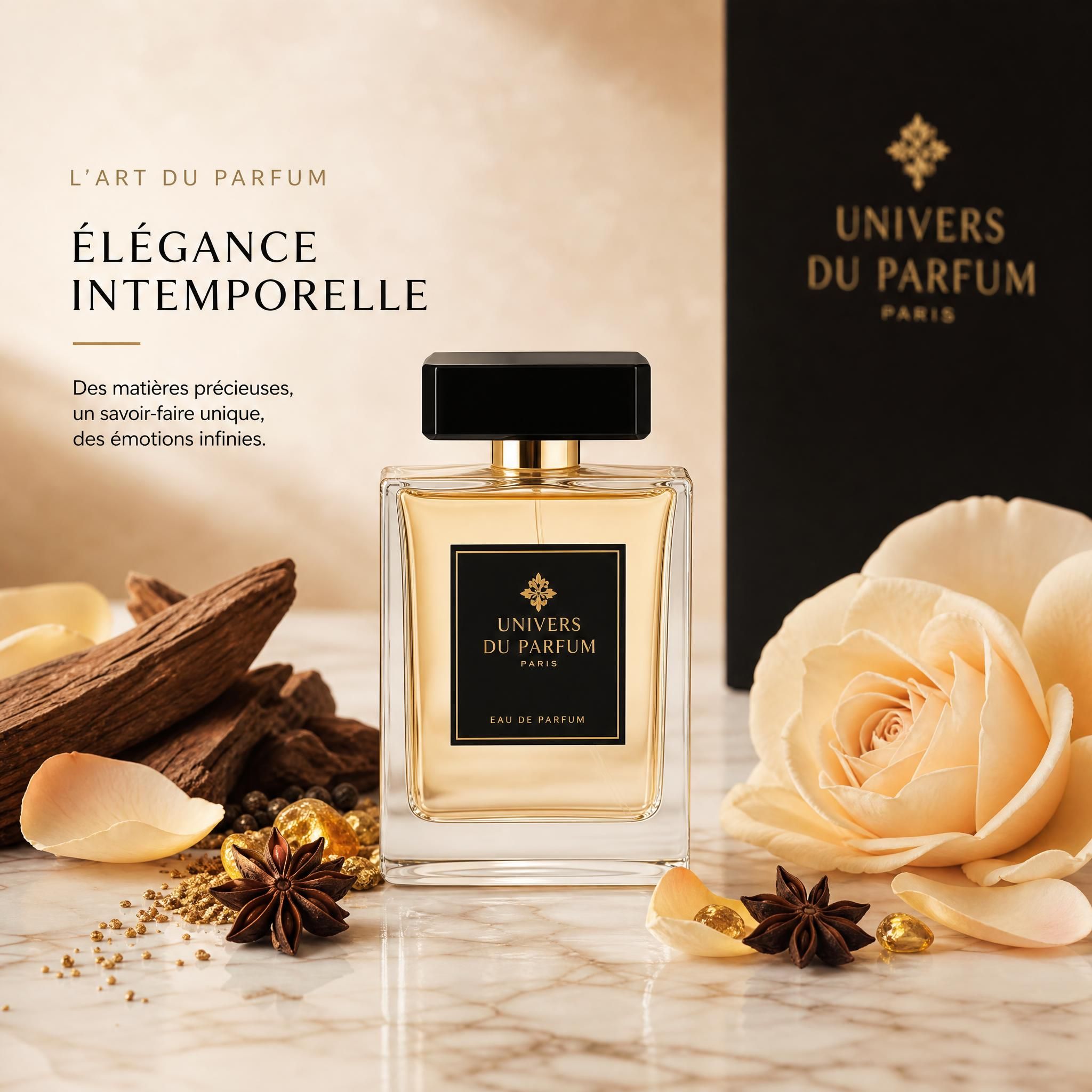 Flacon de parfum élégant posé sur une surface en marbre crème, entouré de pétales de rose, de bois de santal et d'épices dorées — ambiance premium accessible, tons beige vanille et noir profond, univers Univers du Parfum