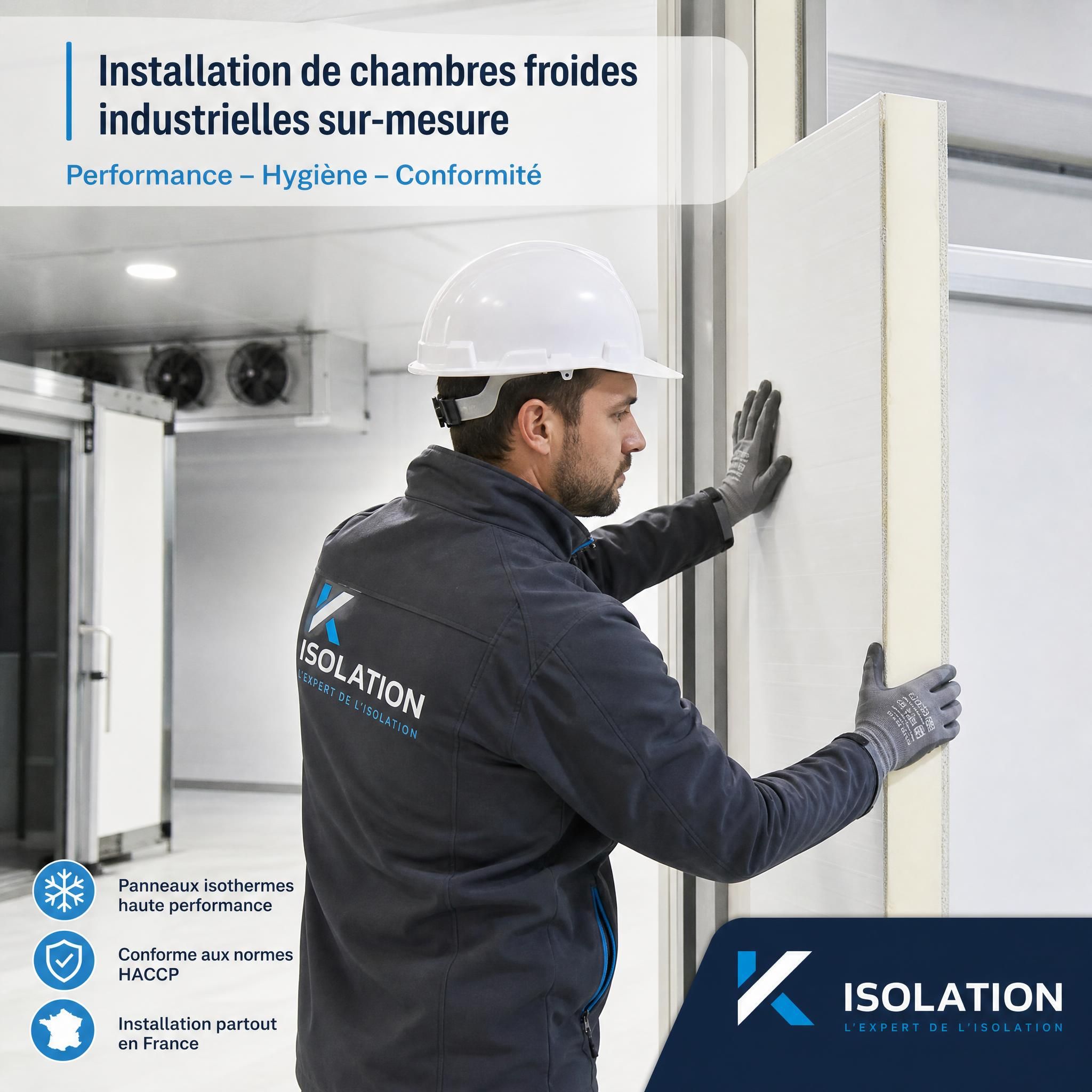 Technicien expert K Isolation posant des panneaux isothermes lors de l'installation d'une chambre froide industrielle conforme aux normes HACCP en France