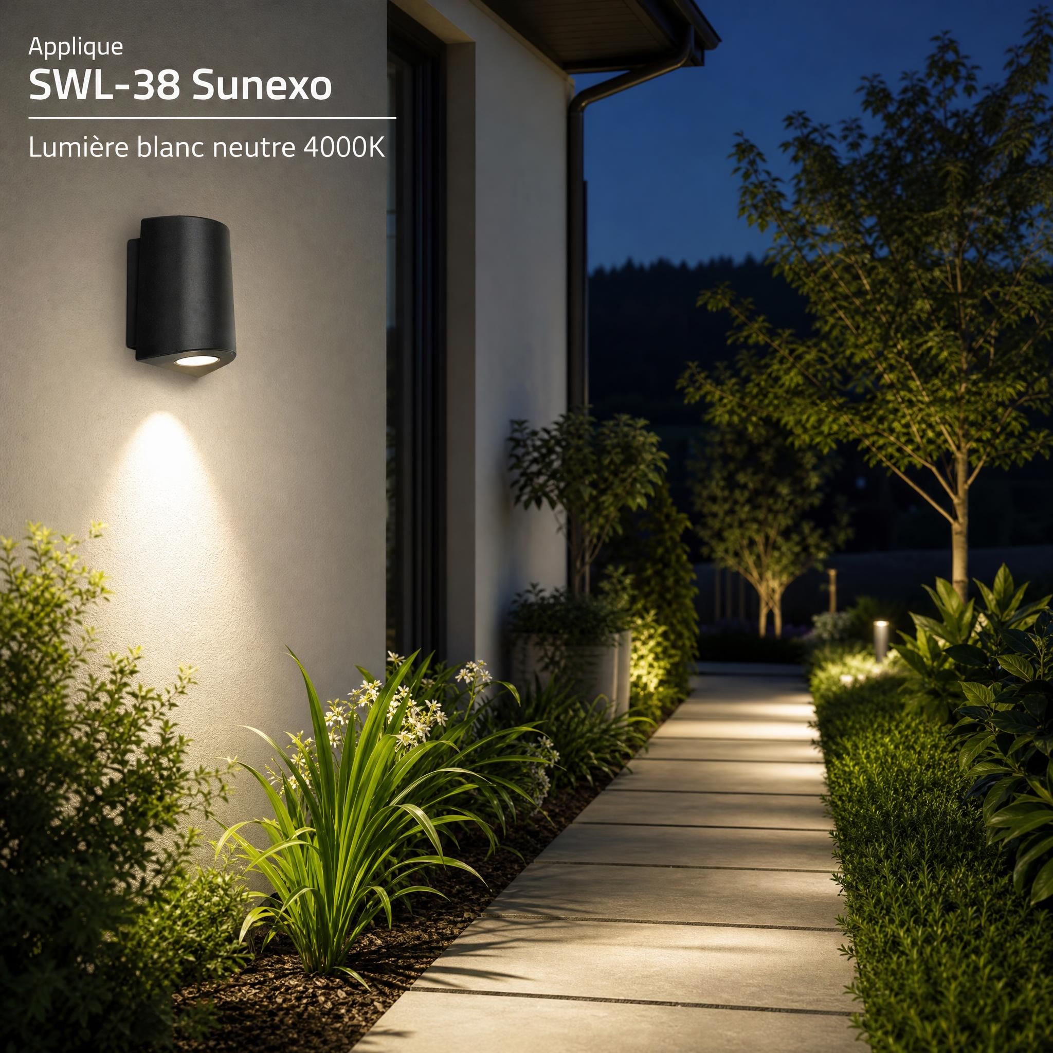 Applique SWL-38 Sunexo éclairant une allée de jardin la nuit, ambiance lumineuse blanc neutre 4000K sur façade de maison