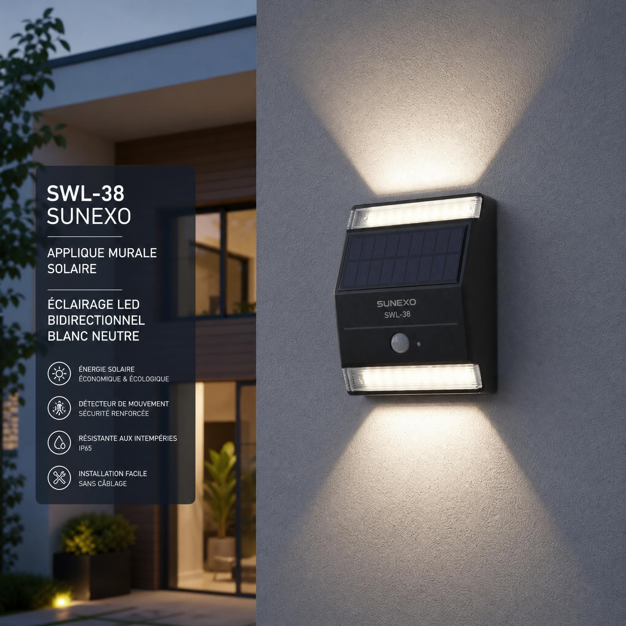 Applique murale solaire SWL-38 Sunexo installée sur façade extérieure, éclairage LED bidirectionnel blanc neutre