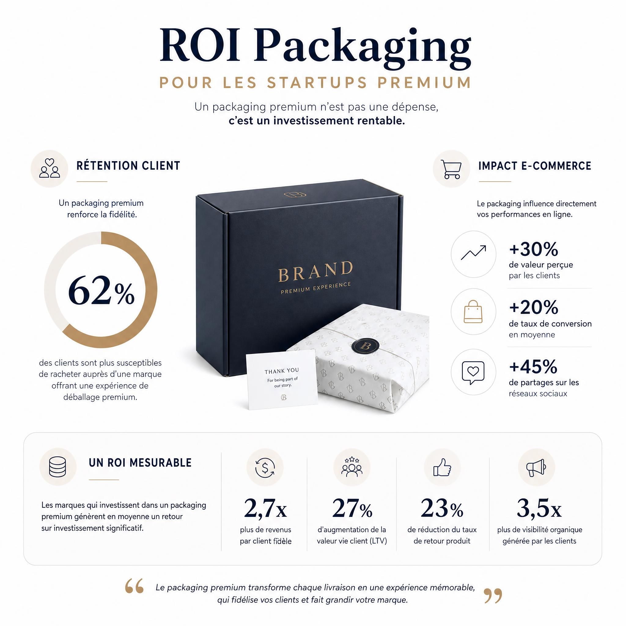 ROI packaging premium startups - infographie statistiques rétention client et impact e-commerce sur fond blanc épuré