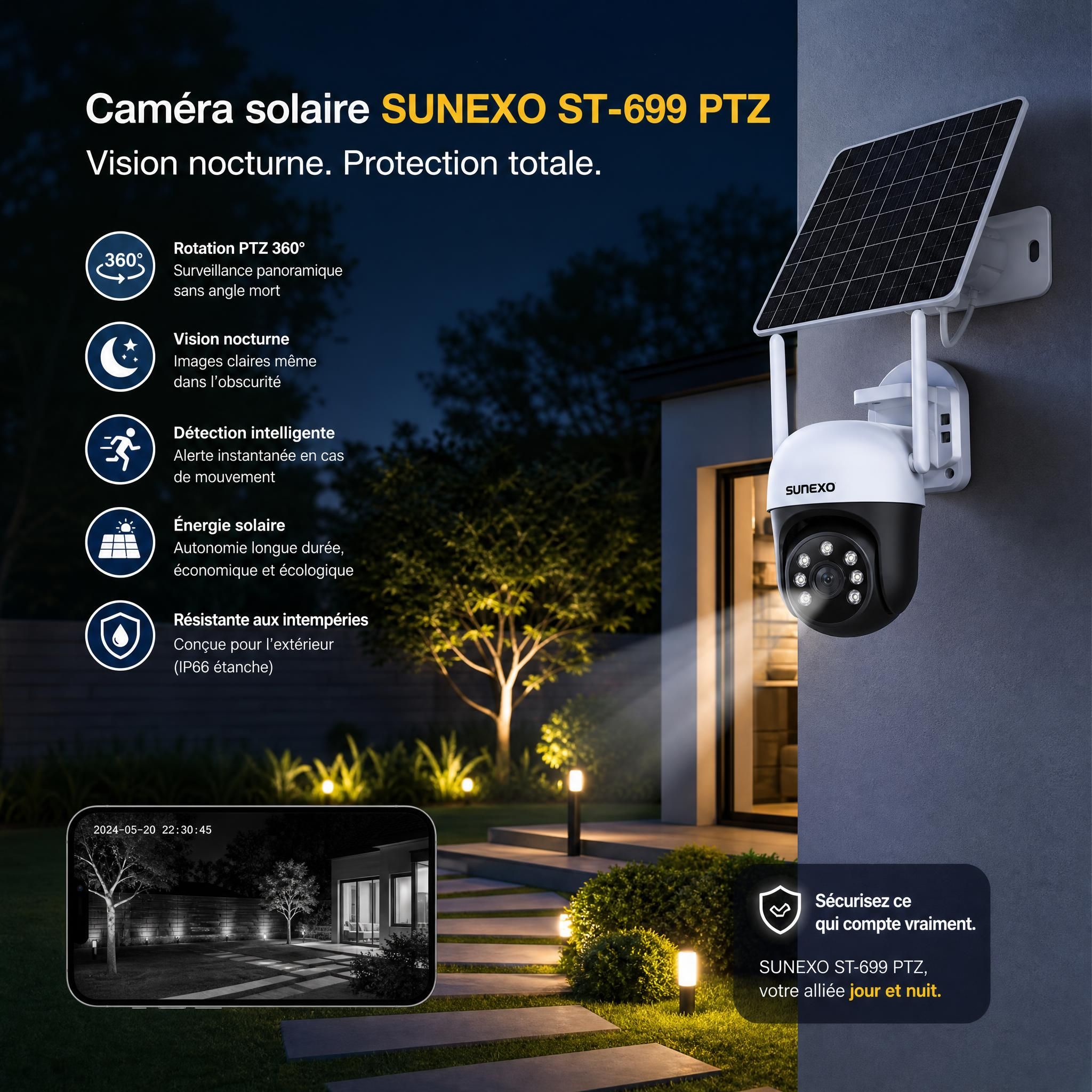 Caméra solaire Sunexo ST-699 PTZ installée sur façade de maison, vision nocturne activée, jardin sécurisé