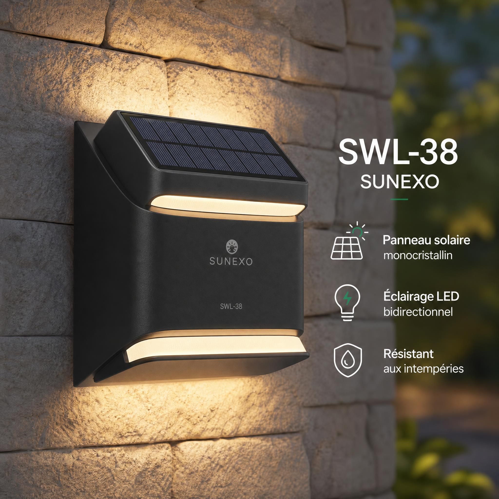 Gros plan sur l'applique solaire SWL-38 Sunexo, panneau monocristallin et diffuseur LED bidirectionnel, fond de mur en pierre