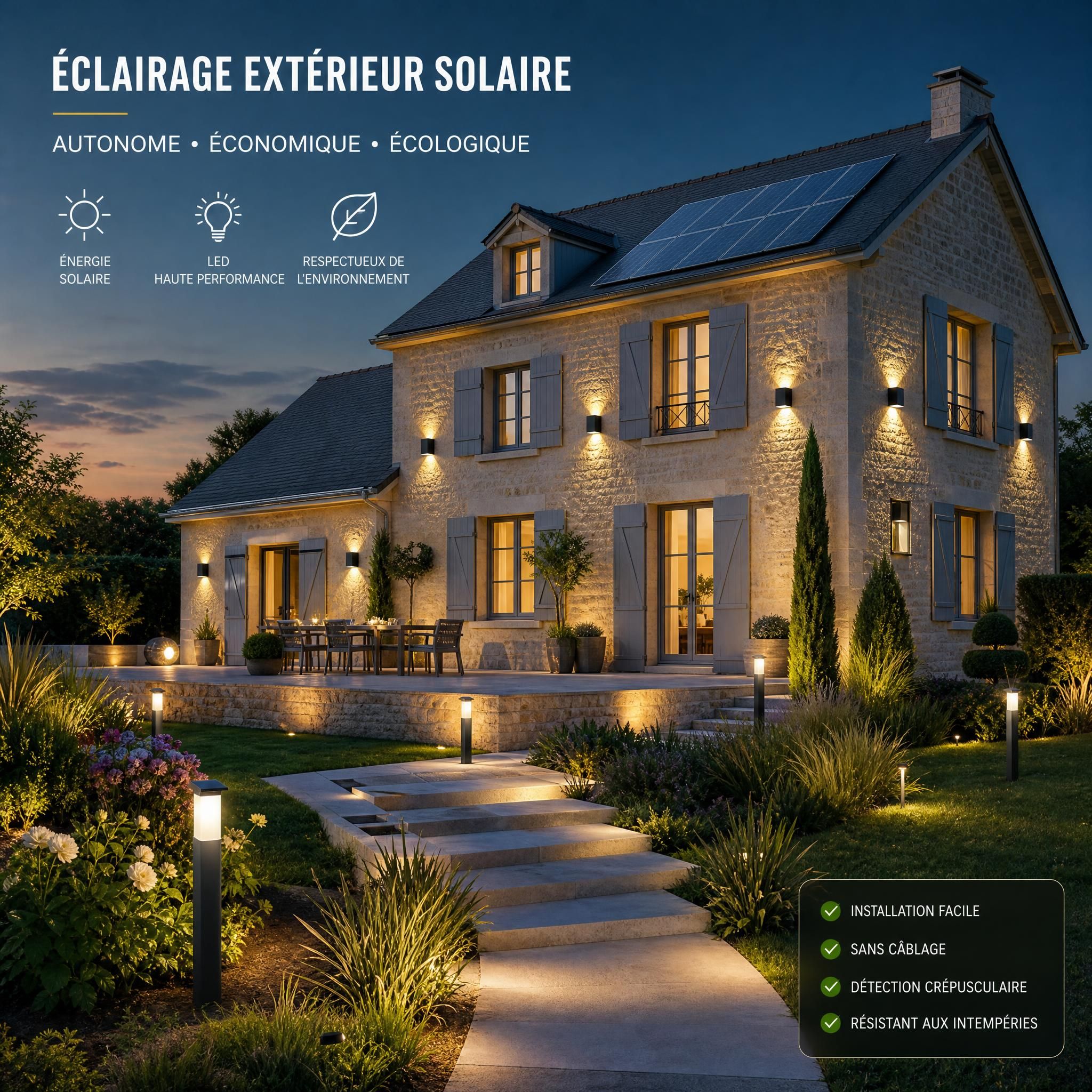 Illustration futuriste d'une maison française avec éclairage extérieur solaire intégré, jardin illuminé, appliques murales LED autonomes