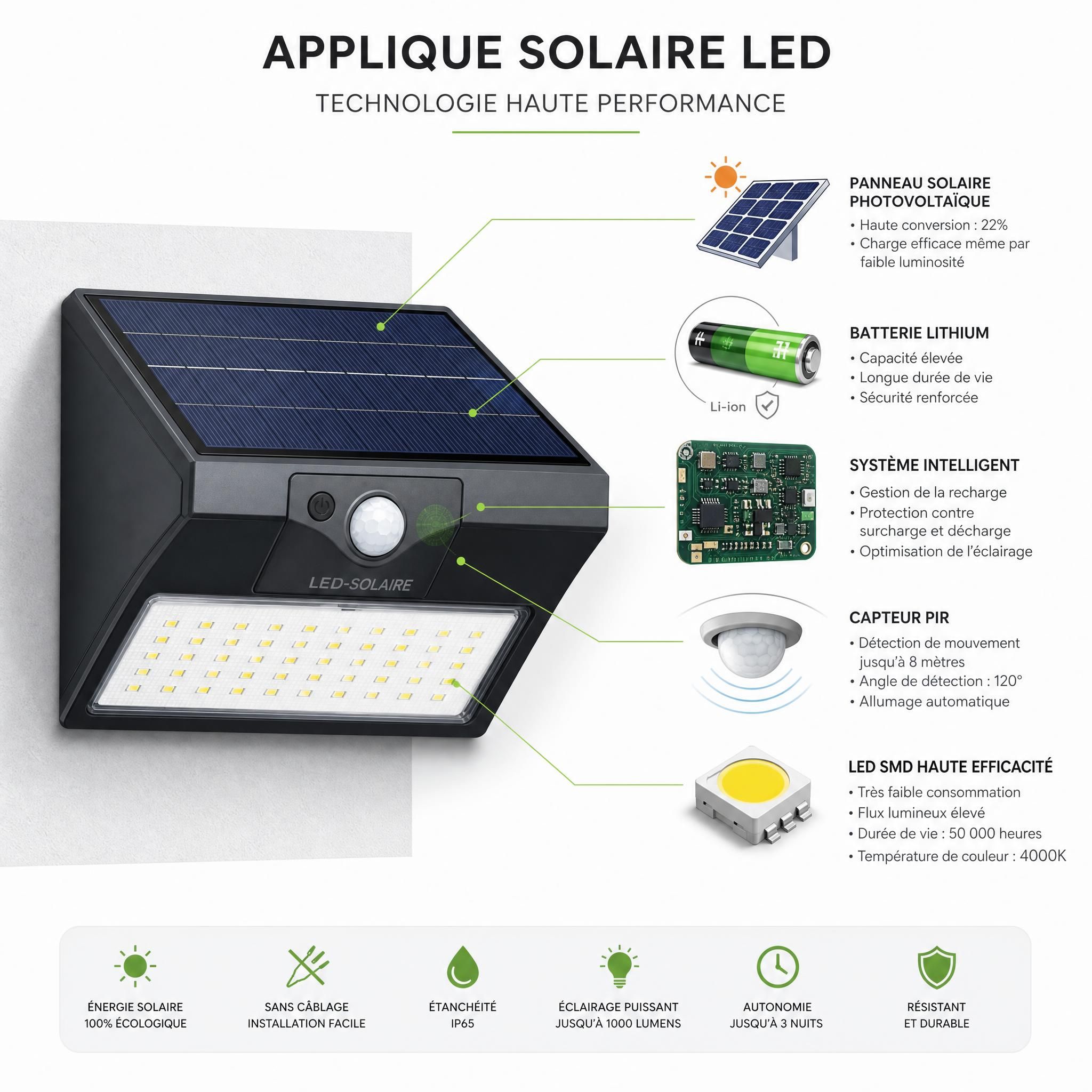 Schéma technique d'une applique solaire LED avec panneau photovoltaïque intégré, batterie lithium, capteur PIR et LED SMD haute efficacité