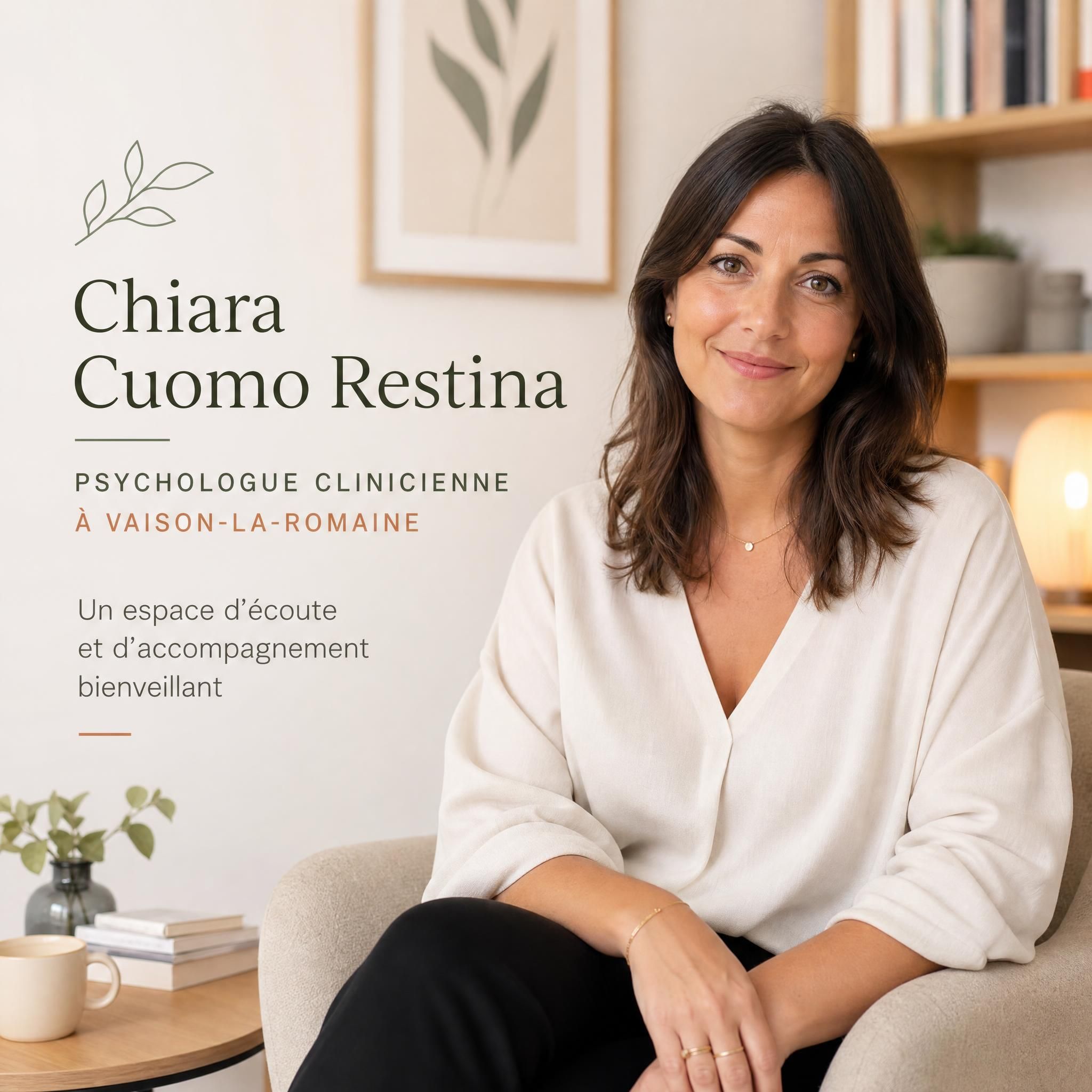 Chiara Cuomo Restina, psychologue clinicienne à Vaison-la-Romaine, portrait professionnel chaleureux