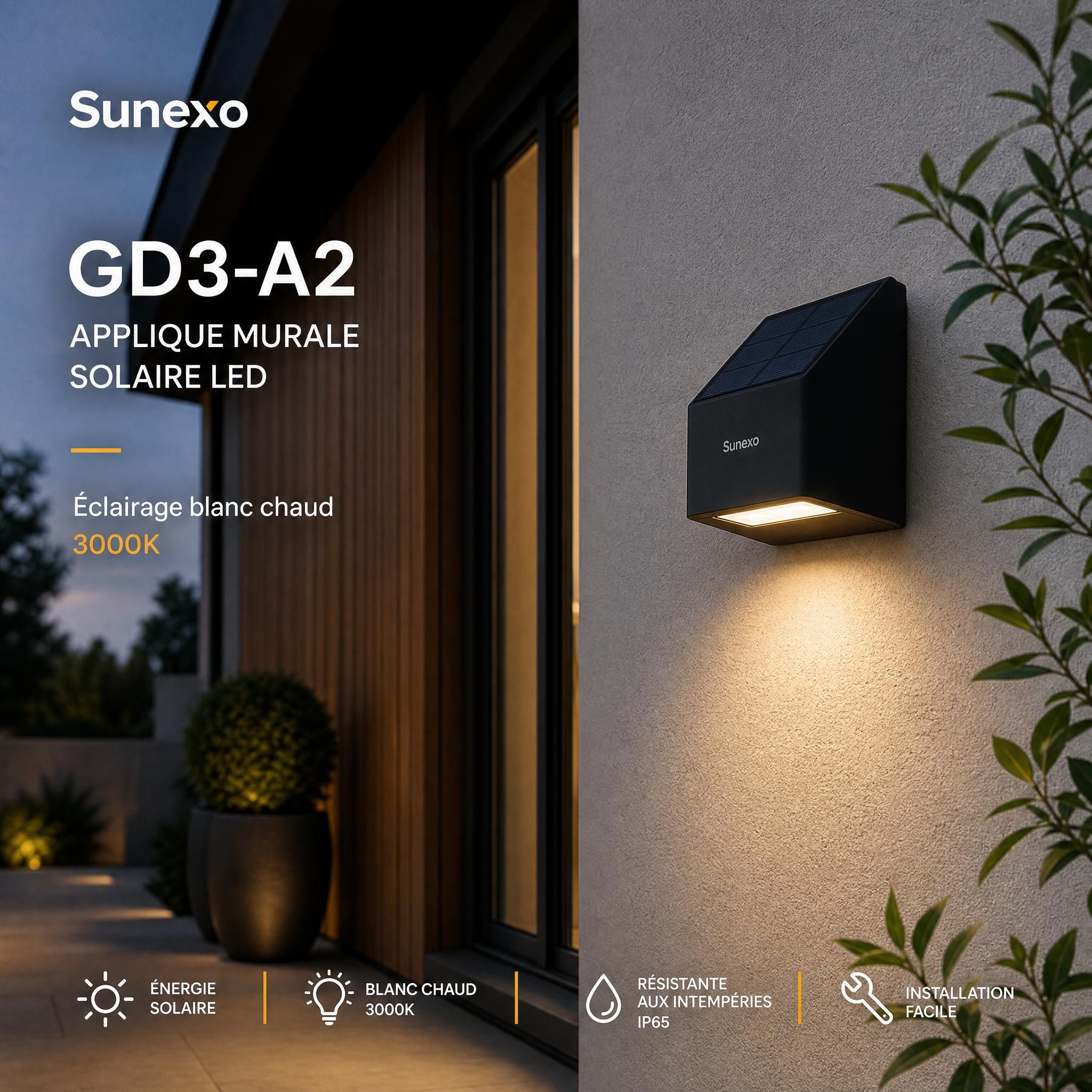 Applique murale solaire LED GD3-A2 Sunexo fixée sur un mur extérieur, éclairage blanc chaud 3000K, design compact noir mat