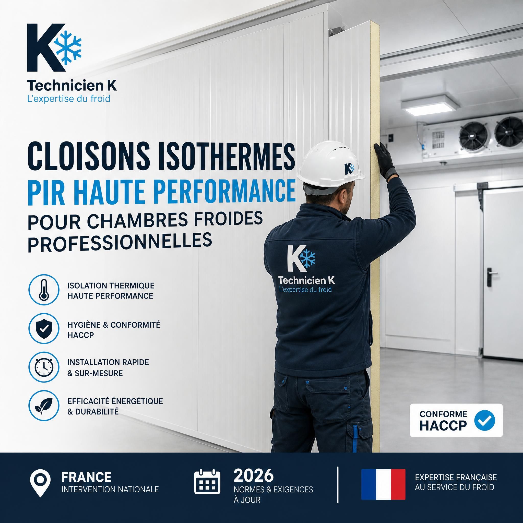 Technicien K Isolation installant des cloisons isothermes PIR haute performance dans une chambre froide professionnelle conforme HACCP, France 2026