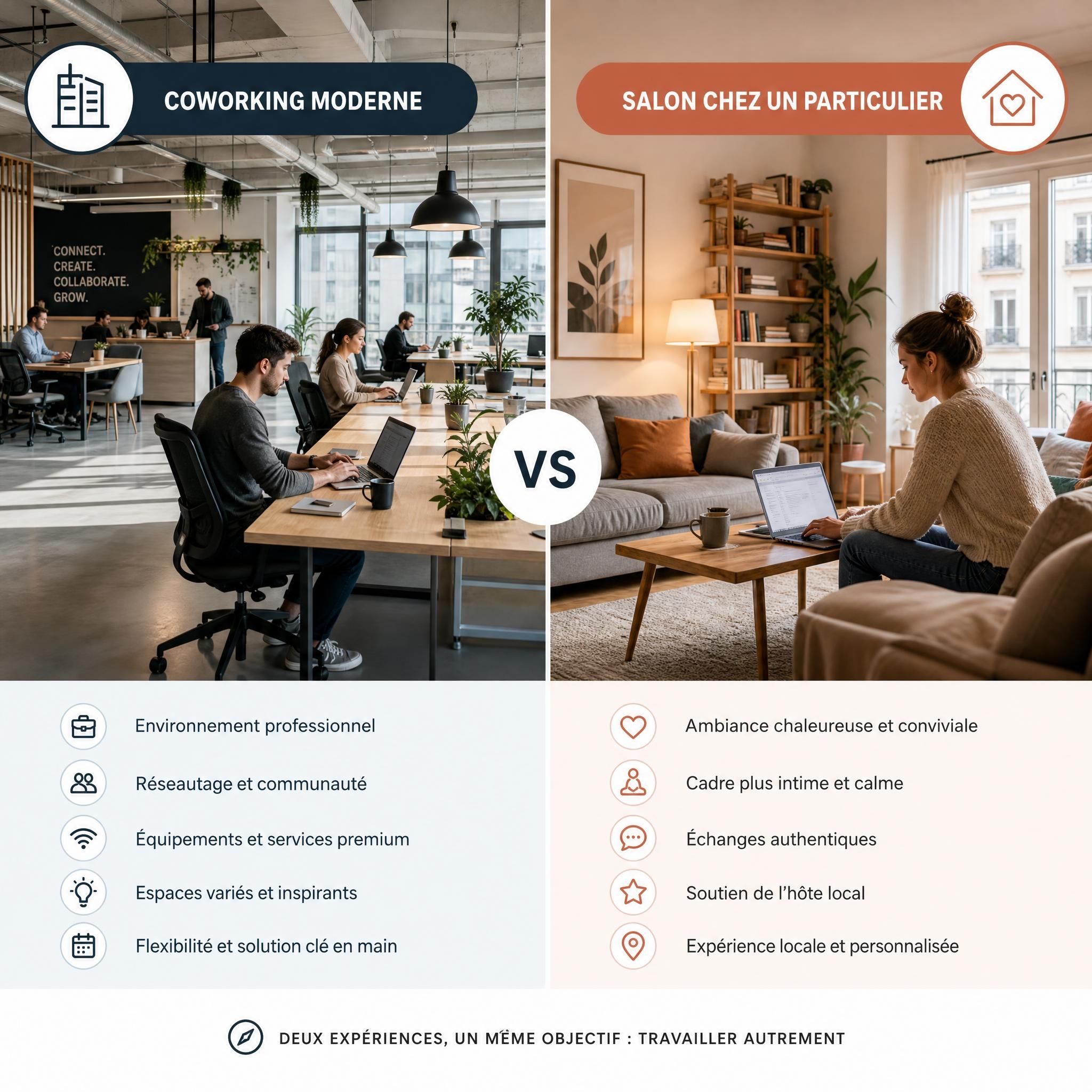 Comparaison visuelle entre un espace de coworking moderne et un salon chaleureux chez un particulier en ville