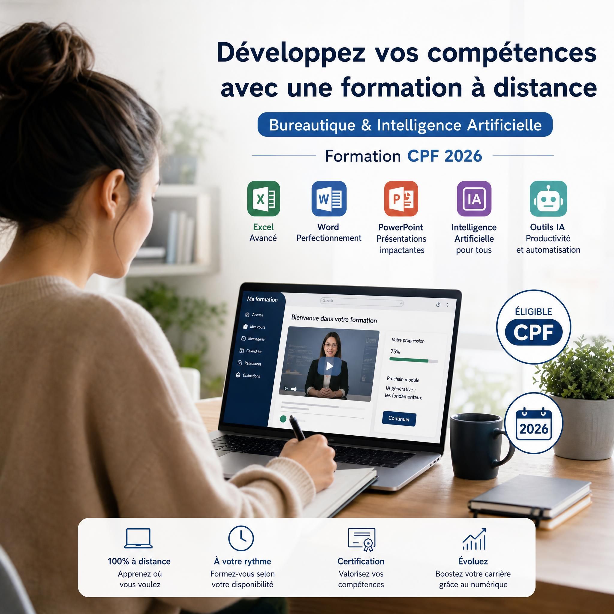 Personne en formation professionnelle à distance sur ordinateur portable, apprenant des compétences numériques en bureautique et intelligence artificielle — formation CPF 2026