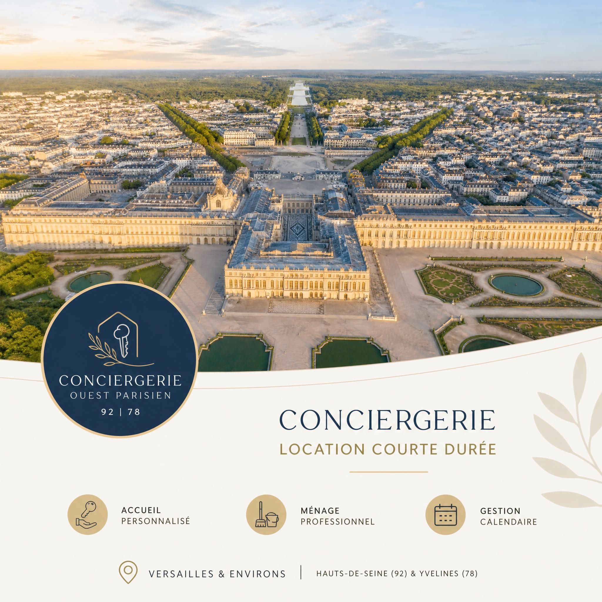Vue aérienne de Versailles et du château, illustration conciergerie location courte durée Ouest Parisien 92 78