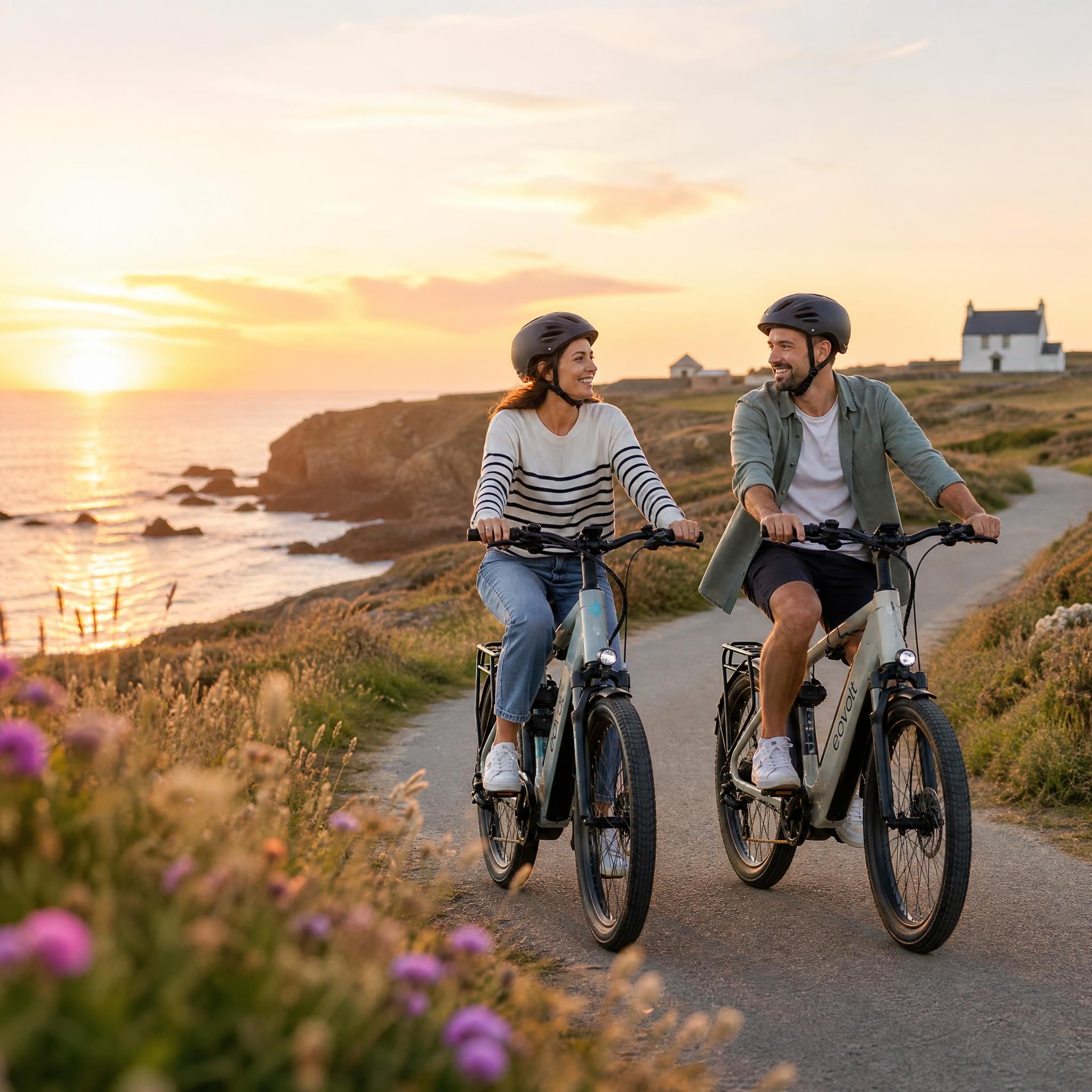 Couple souriant sur des vélos électriques VAE longeant la côte sauvage de Quiberon au coucher du soleil