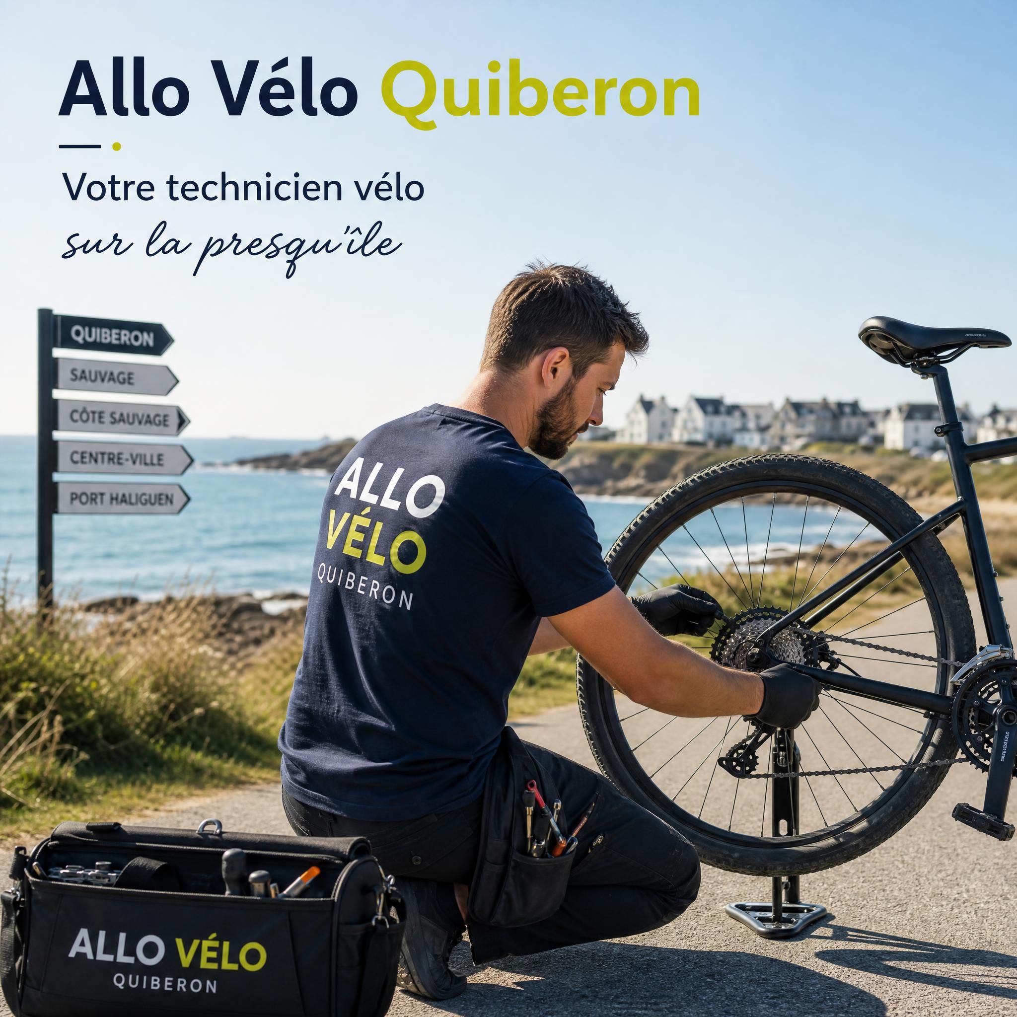 Technicien Allo Vélo Quiberon en intervention sur la presqu'île, réparant un vélo en bord de mer