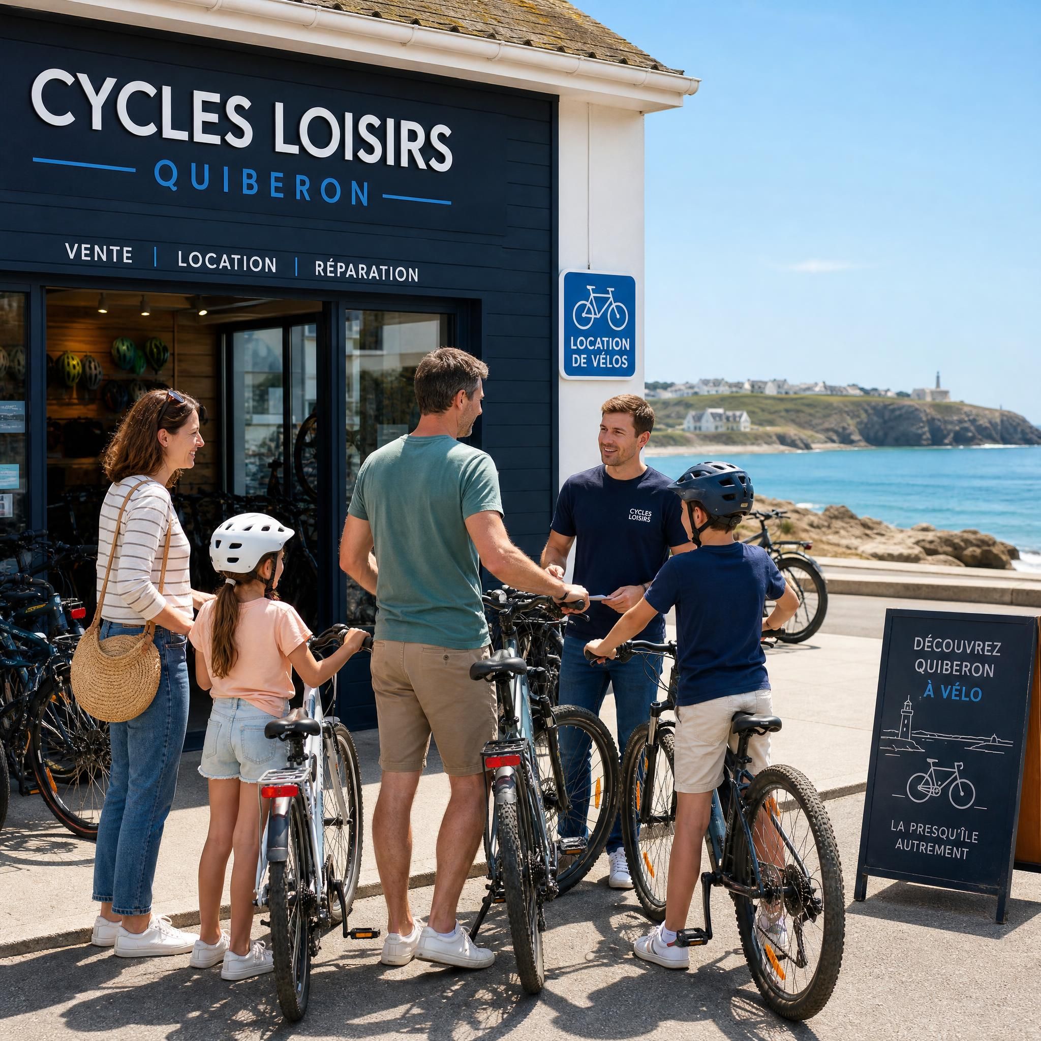 Famille en train de louer des vélos devant le magasin Cycles Loisirs à Quiberon, presqu'île bretonne en arrière-plan