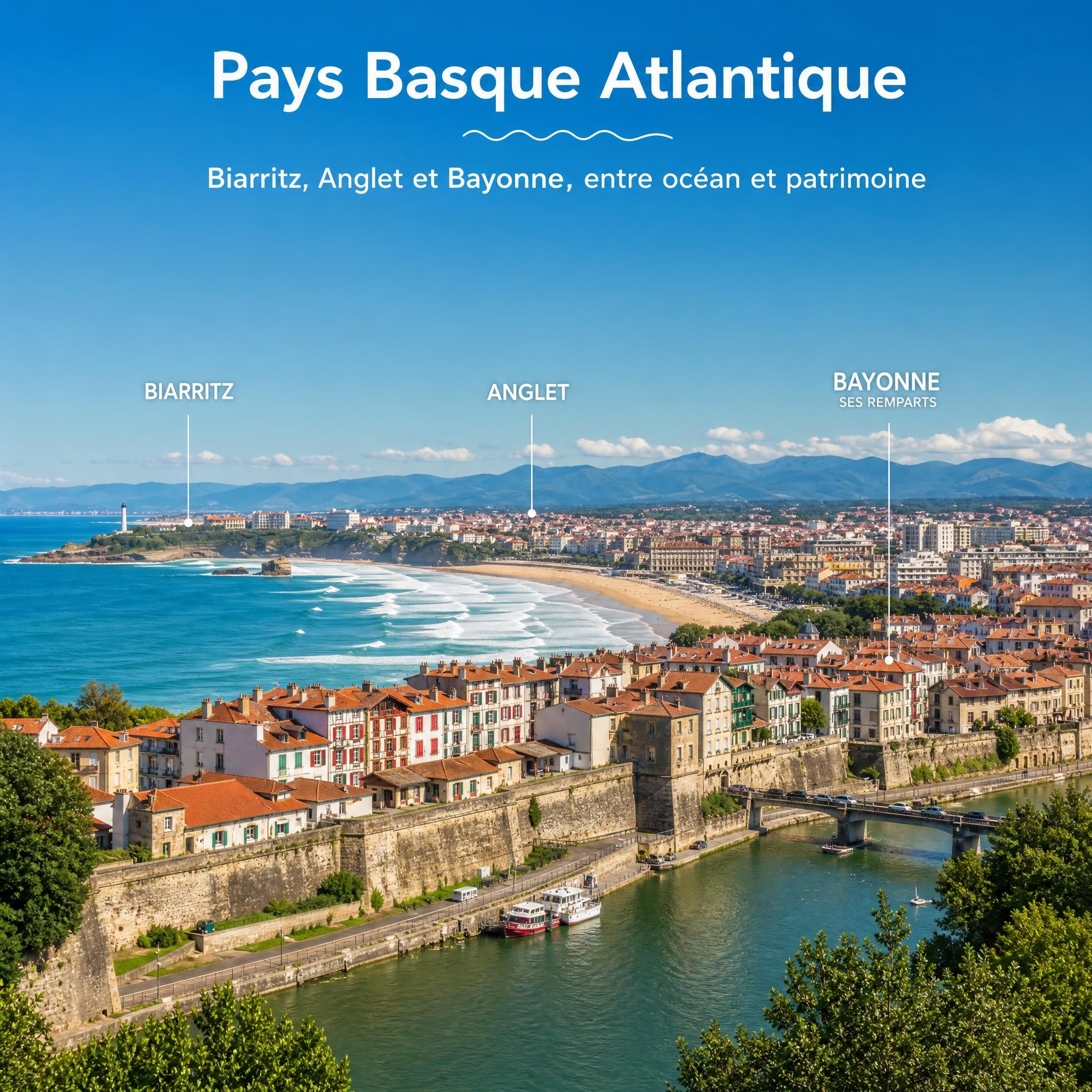 Vue panoramique sur la côte atlantique du Pays Basque avec les plages de Biarritz, Anglet et les remparts de Bayonne sous un ciel bleu estival