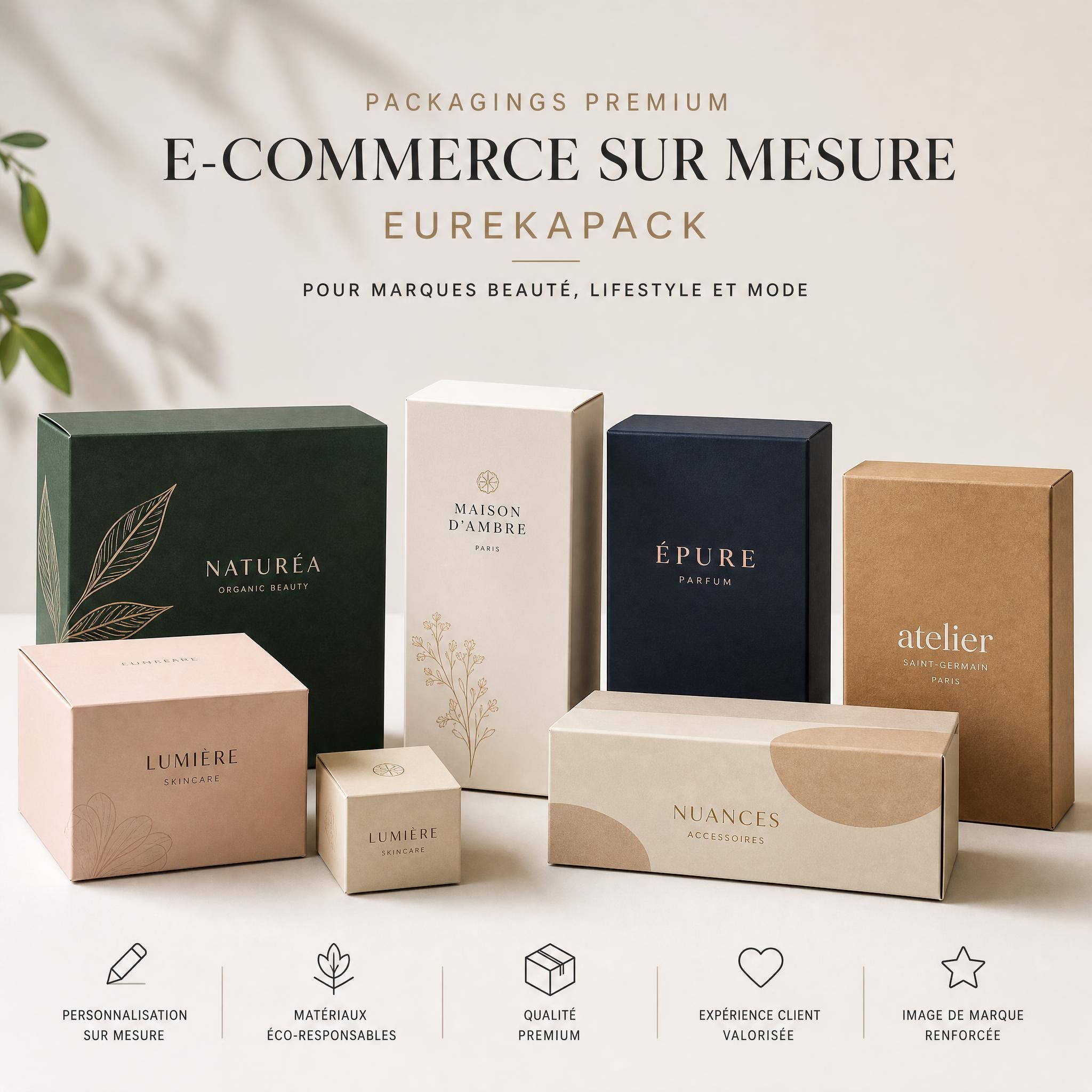 Packagings premium e-commerce sur mesure Eurekapack pour marques beauté lifestyle et mode - boîtes personnalisées côte à côte
