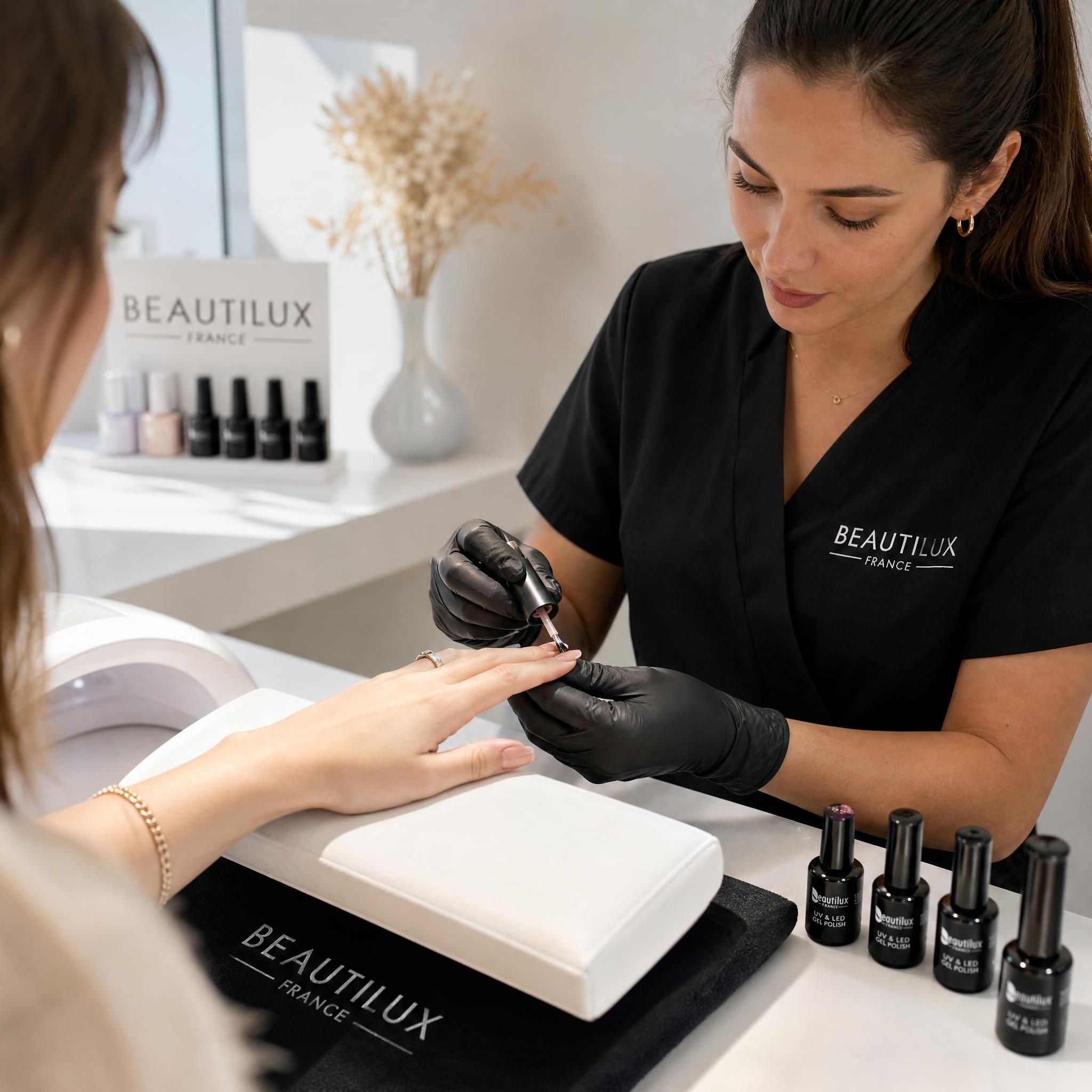 Nail tech professionnelle appliquant du vernis semi-permanent Beautilux sur une cliente, lumière naturelle, ongles impeccables en cours de réalisation