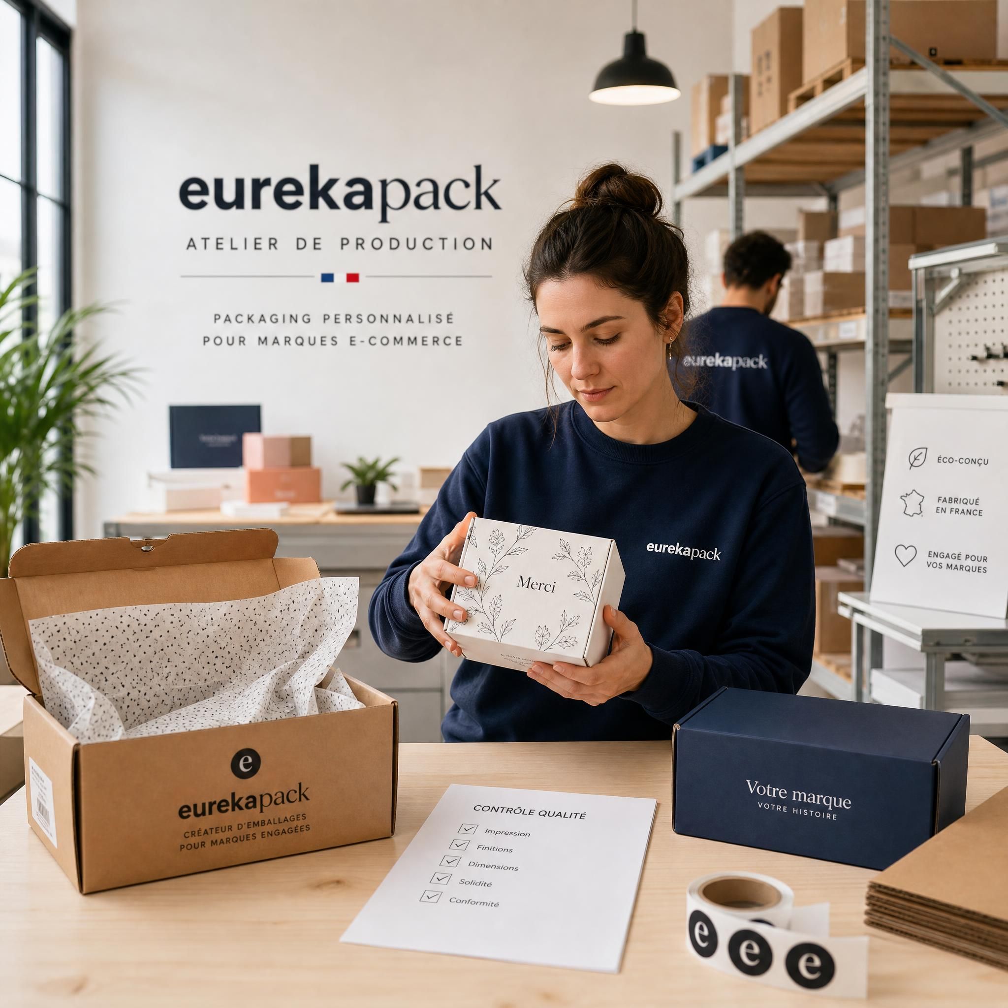 Atelier de production Eurekapack - contrôle qualité packaging personnalisé pour marques e-commerce françaises