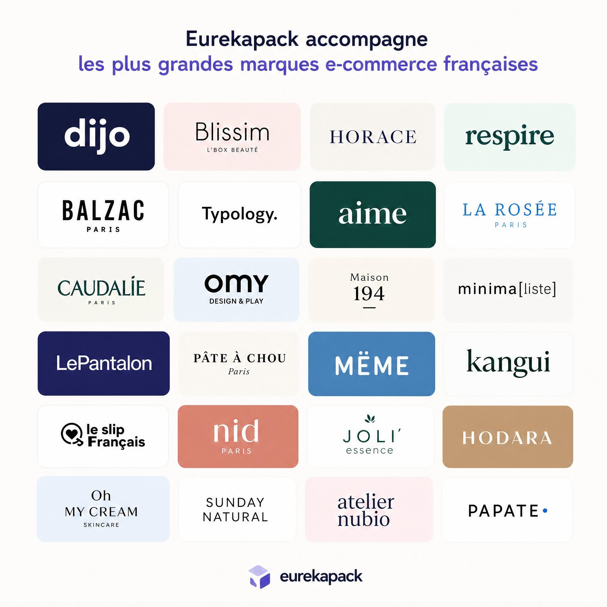 Mosaïque logos marques partenaires Eurekapack - Dijo Blissim Horace Respire Balzac Paris et autres grandes marques e-commerce françaises