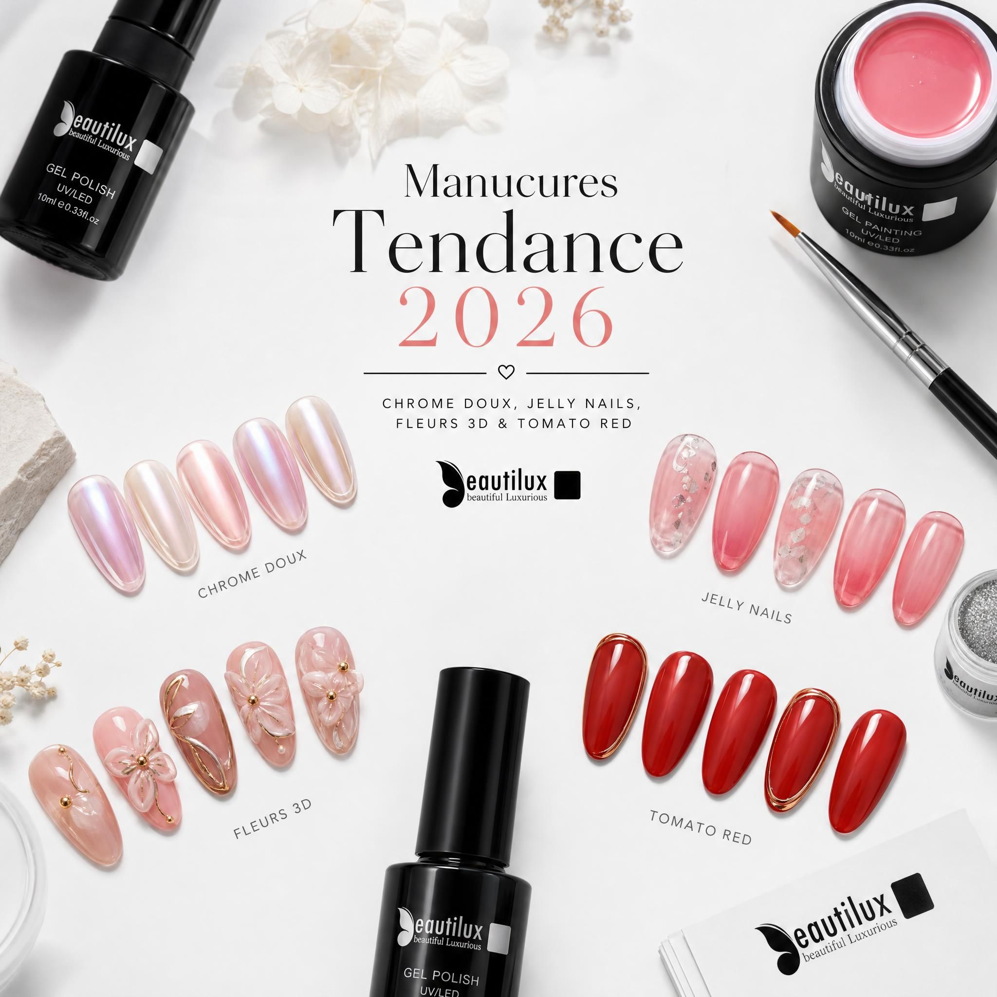 Flat lay de manucures tendance 2026 – chrome doux, jelly nails, fleurs 3D et tomato red sur fond blanc épuré, produits Beautilux visibles