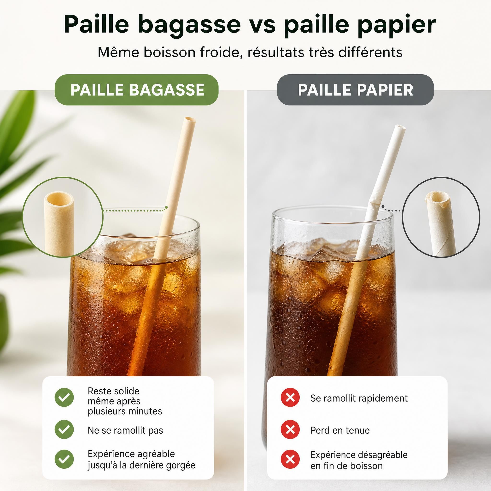 Comparaison visuelle paille bagasse vs paille papier ramollie dans un verre de boisson froide